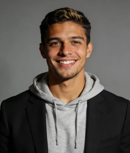 Smiling young man with short dark hair wearing a grey hoodie under a black blazer against a plain grey background.
