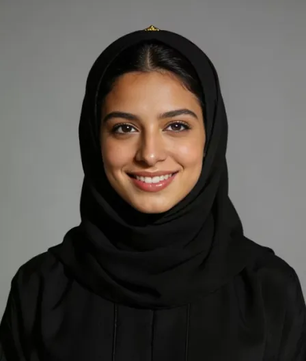 Smiling young woman wearing a black hijab and black top against a gray background.