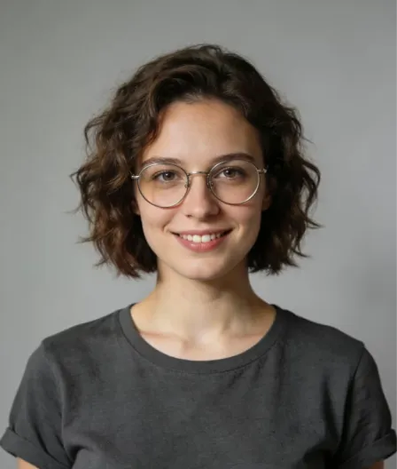 Smiling young woman with short curly brown hair wearing round glasses and a dark gray t-shirt against a plain gray background.
