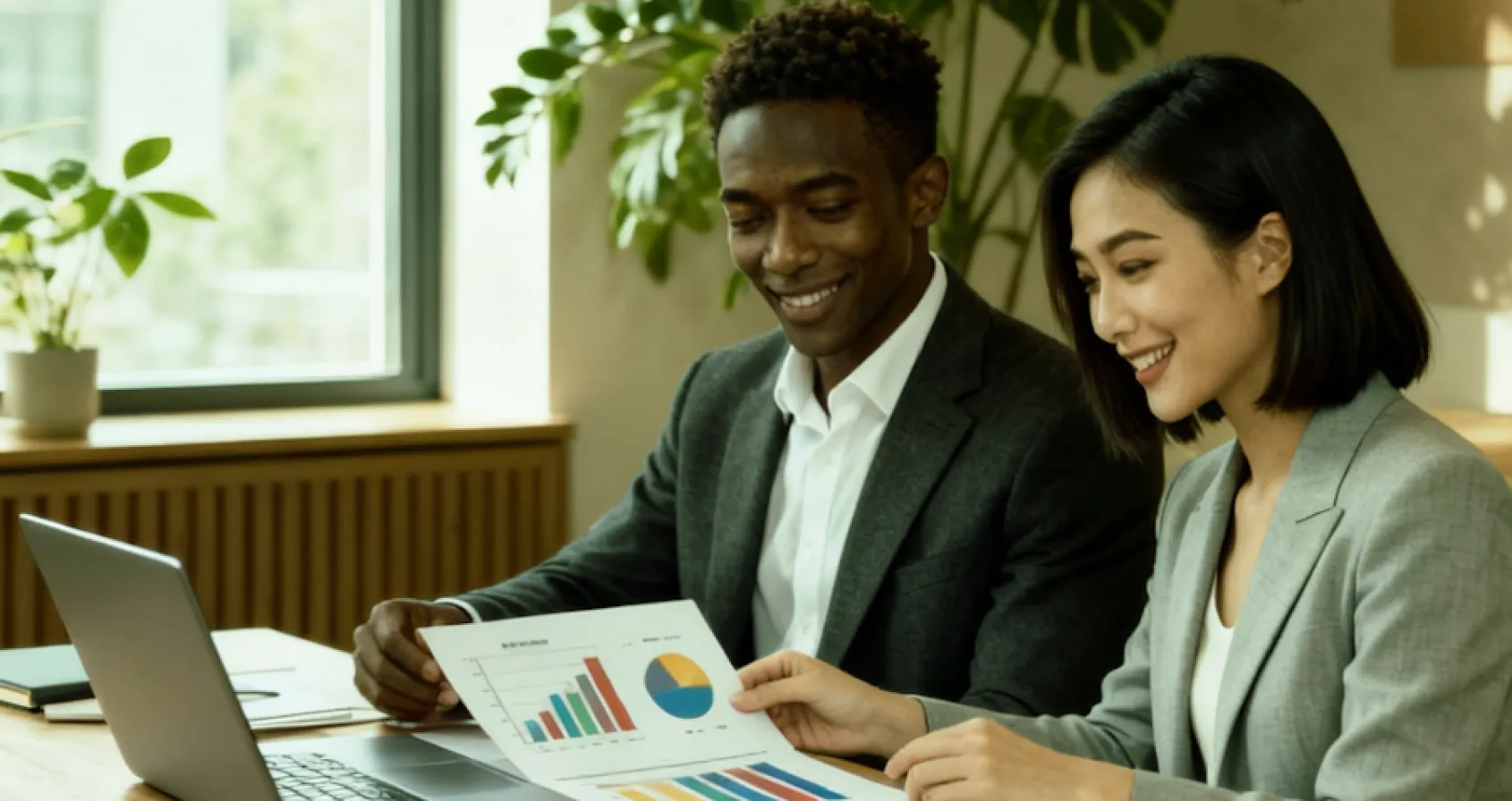 Two business professionals reviewing charts and graphs on printed documents at a laptop in a bright office.