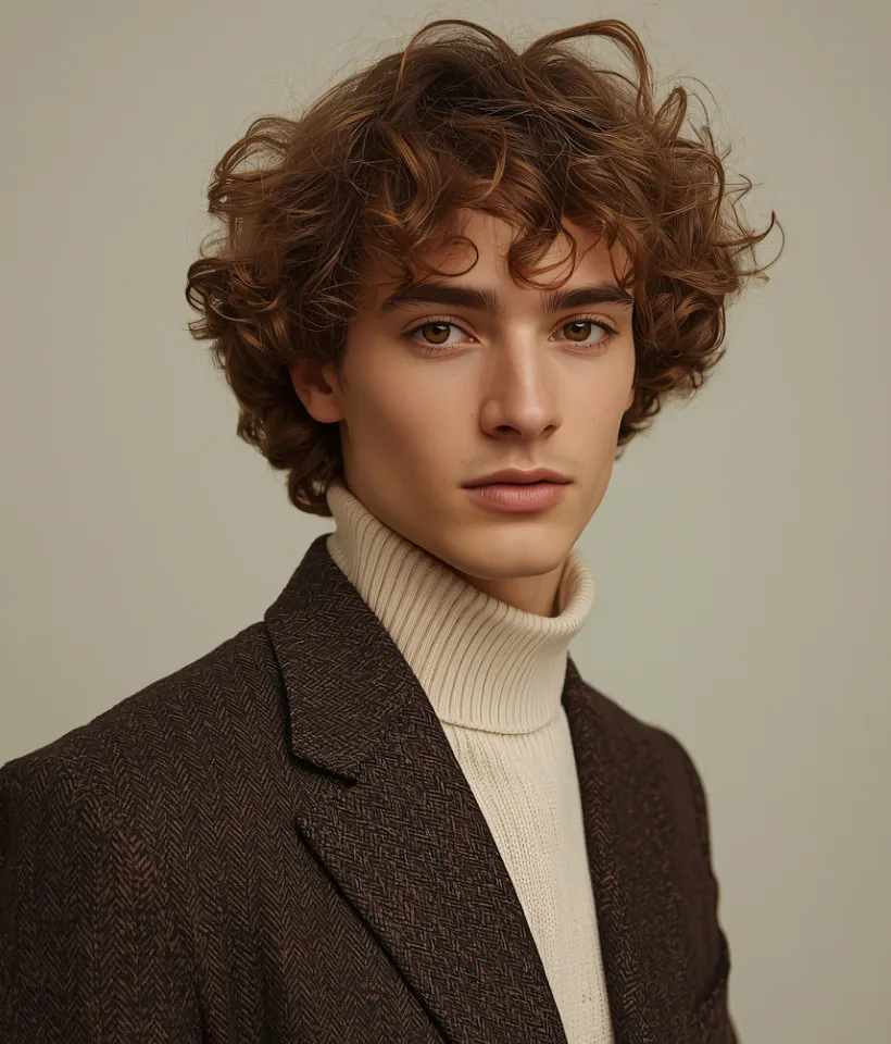 Portrait of a young man with curly brown hair wearing a cream turtleneck and dark brown textured blazer, against a neutral background.
