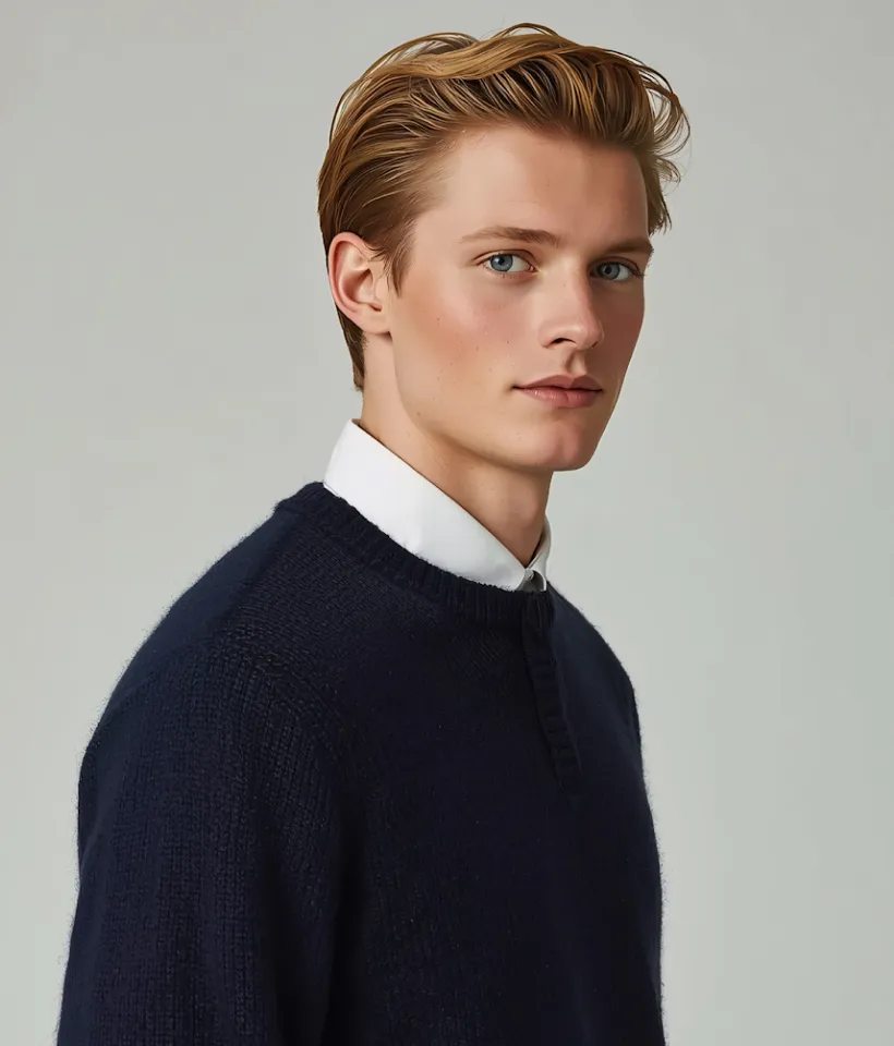Young man with blonde hair wearing a navy sweater over a white collared shirt against a plain light gray background.