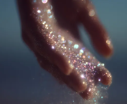 Close-up of a hand catching sparkling glitter or light particles against a blurred blue background.