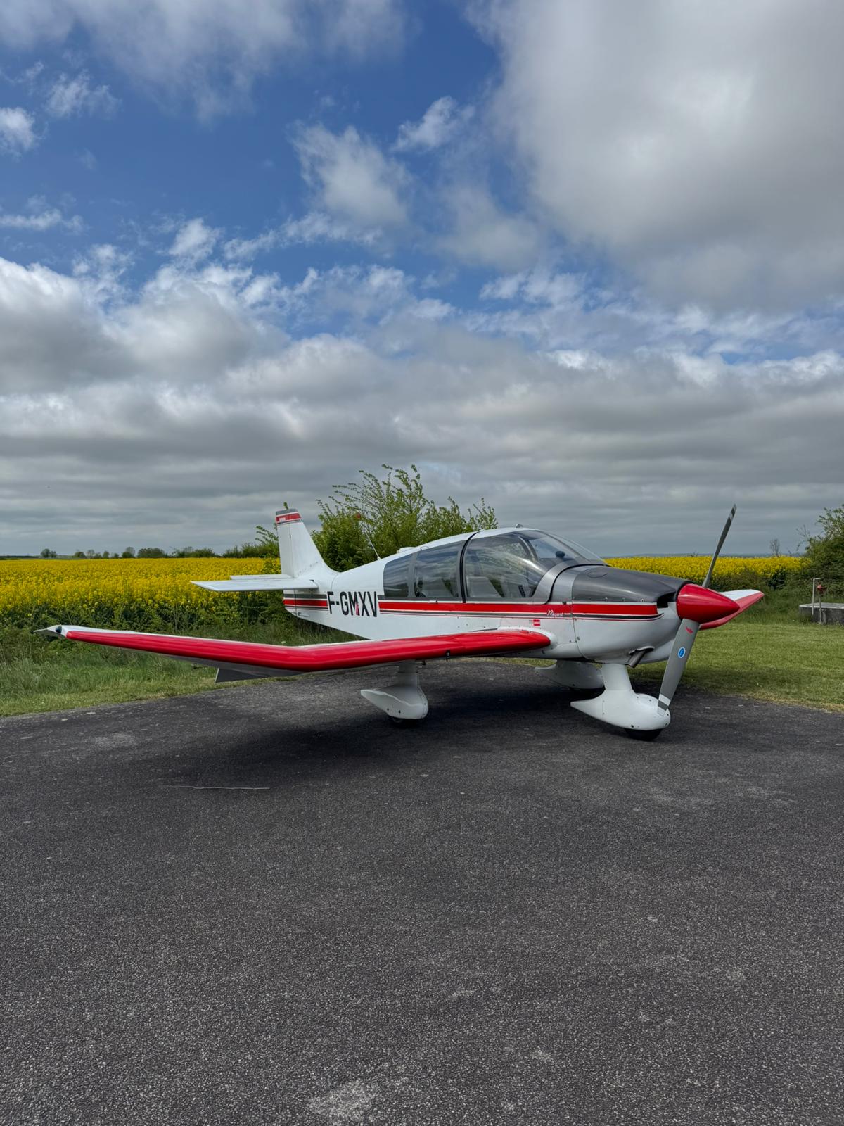 Small white and blue single-engine airplane parked on a tarmac under a clear blue sky.