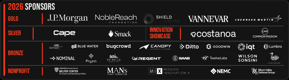 2026 sponsors by tier: Gold, Silver, Innovation Showcase, Bronze and Nonprofit. Gold sponsors: J.P. Morgan, NobleReach Foundation, Shield Capital, Vannevar and Lockheed Martin.