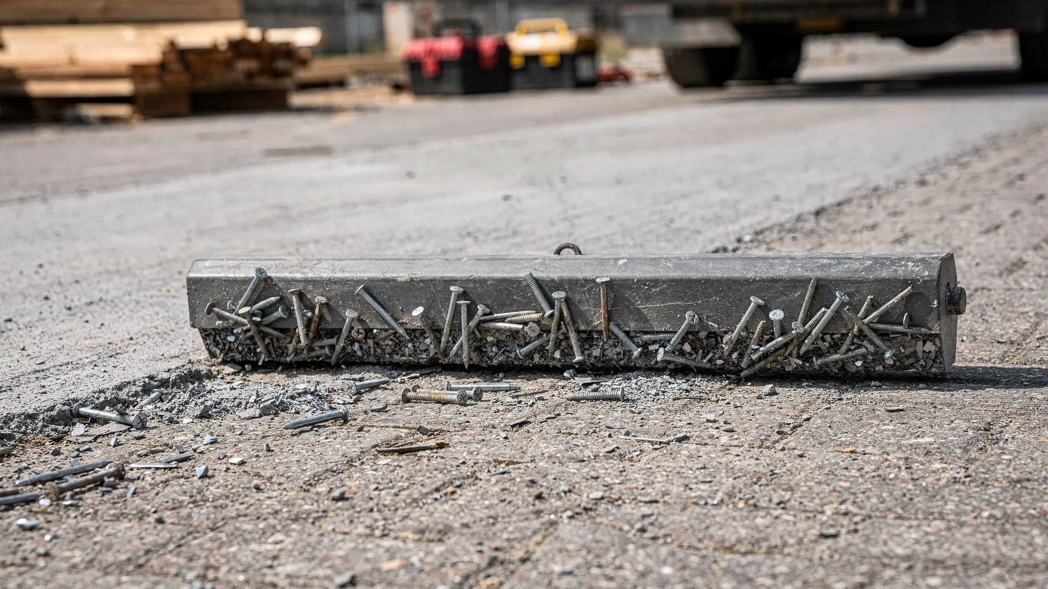 A magnetic sweeper attachment collecting nails and screws from a paved construction staging area, with small metal debris visible on the magnet surface and a clean pavement strip behind it.