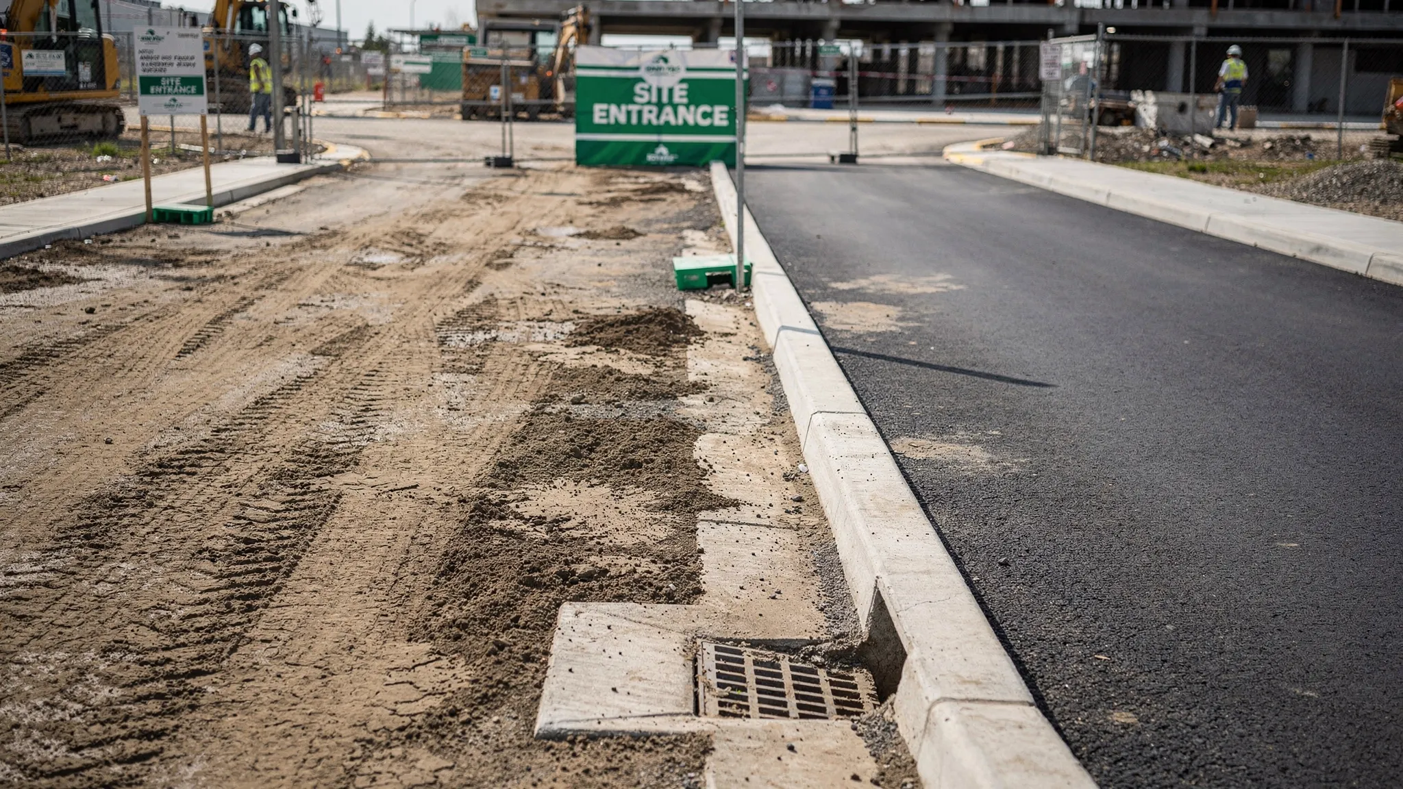 A construction site entrance with visible track-out before cleaning on one side and a clean, swept roadway on the other side, including a storm drain inlet near the curb.