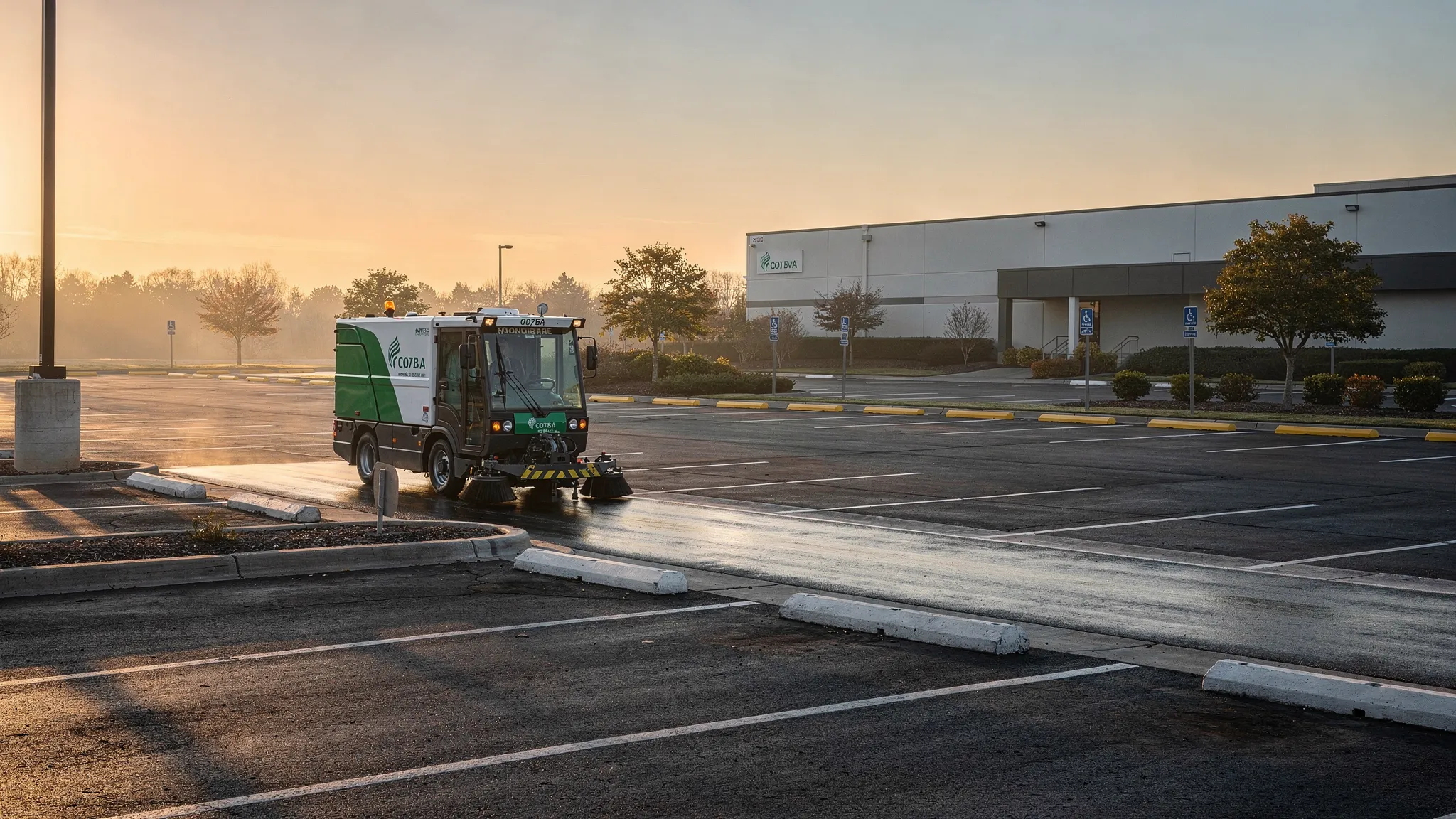 A commercial parking lot being cleaned by a street sweeper at sunrise, with visible curb lines, parking stalls, and a clean travel lane behind the sweeper.