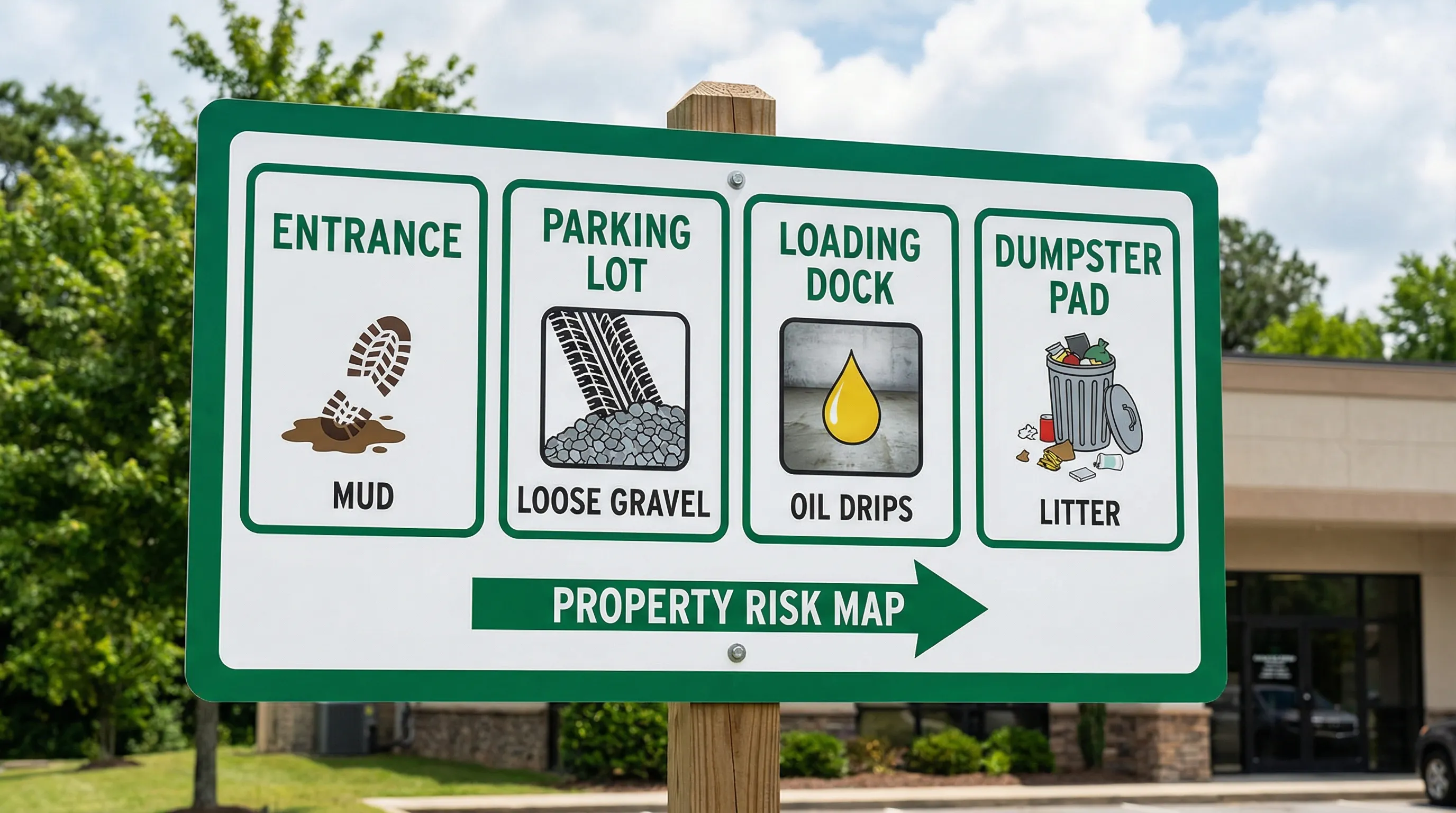 A simple exterior property “risk map” diagram showing four zones labeled Entrance, Parking Lot, Loading Dock, and Dumpster Pad, each with a small icon for common hazards like mud, loose gravel, oil drips, and litter.