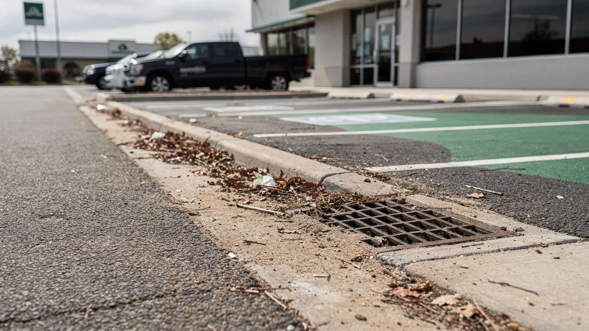 A commercial parking lot curb line with visible leaf buildup and debris concentrated near a storm drain inlet, illustrating where sweeping targets collect.