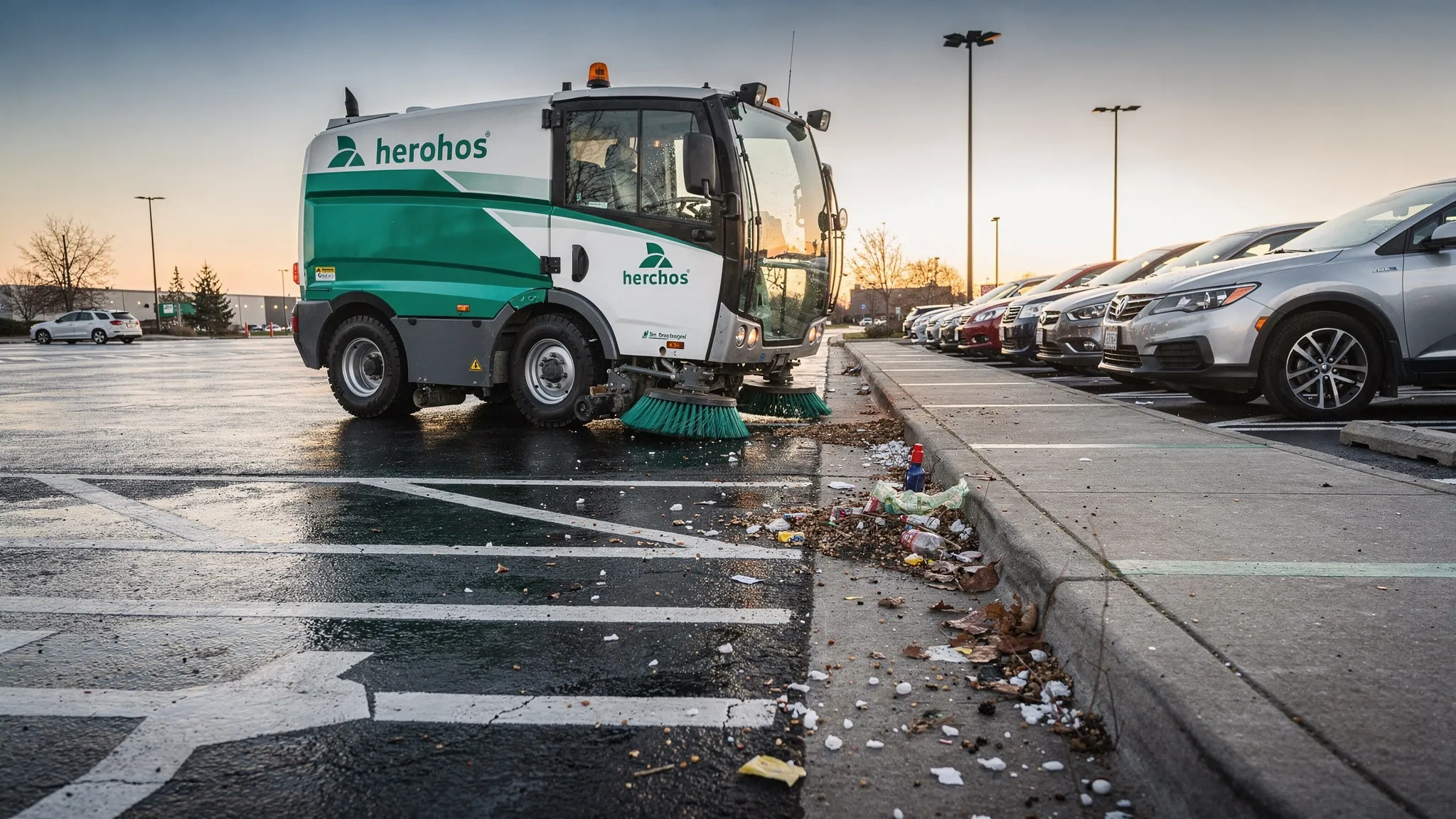 A street sweeper cleaning a commercial parking lot at dawn, focusing on curb lines near parked cars and collecting visible debris along the edge.
