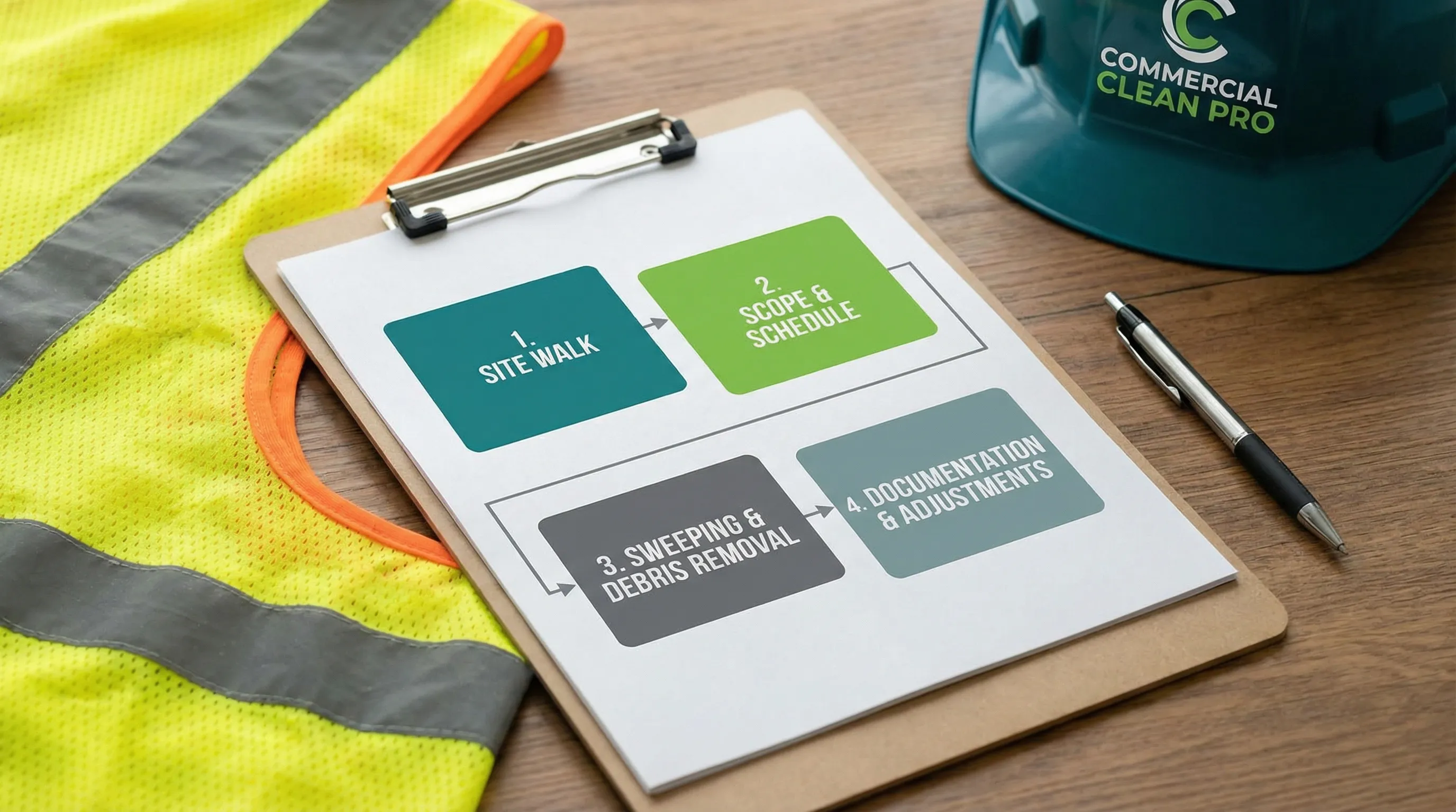 A simple four-step diagram showing the commercial cleanup service workflow: site walk, scope and schedule, sweeping and debris removal, documentation and adjustments.