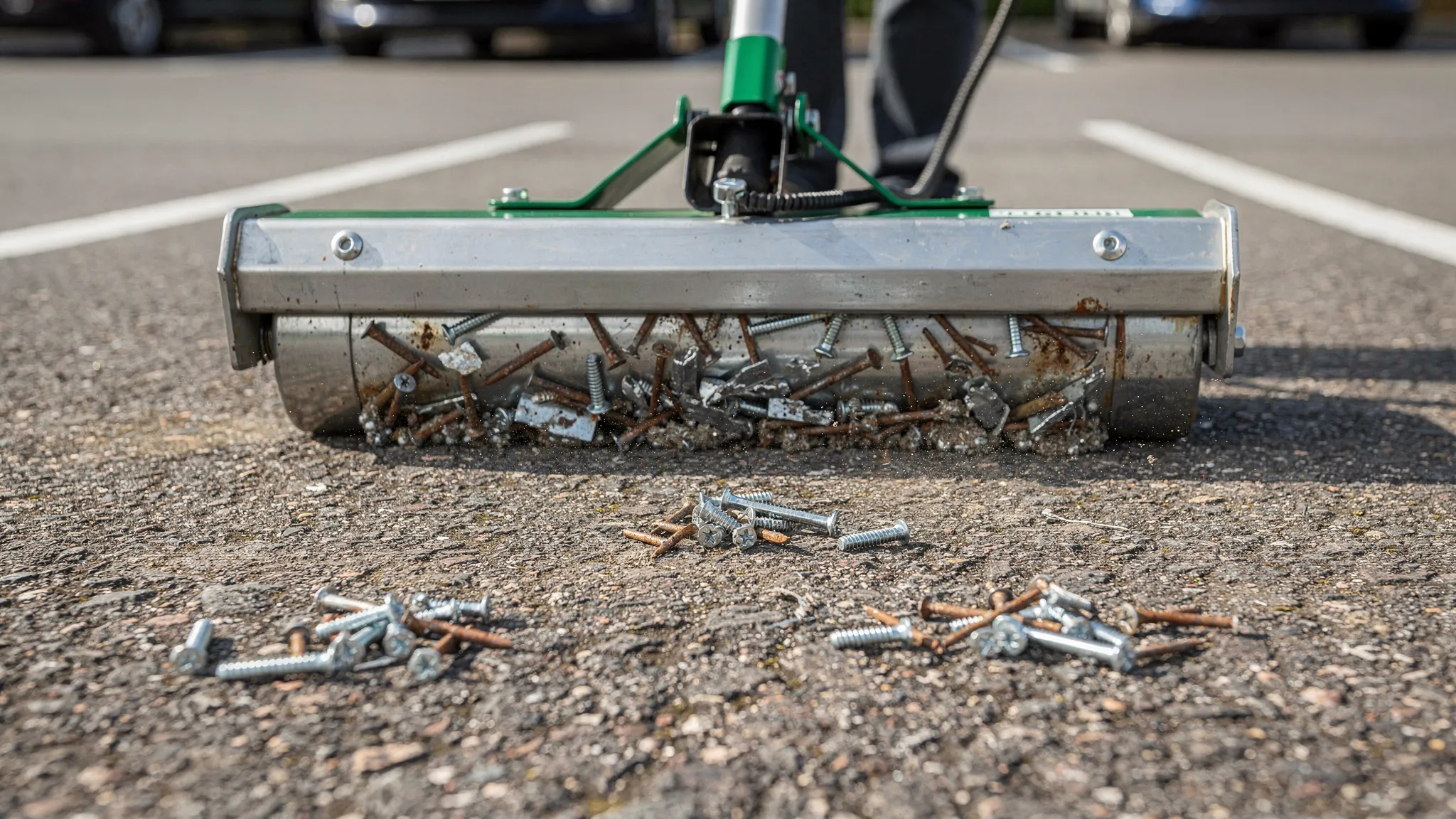 A close-up view of a magnetic sweeper bar collecting nails, screws, and metal fragments from asphalt in a parking area, with small piles of collected metal visible.