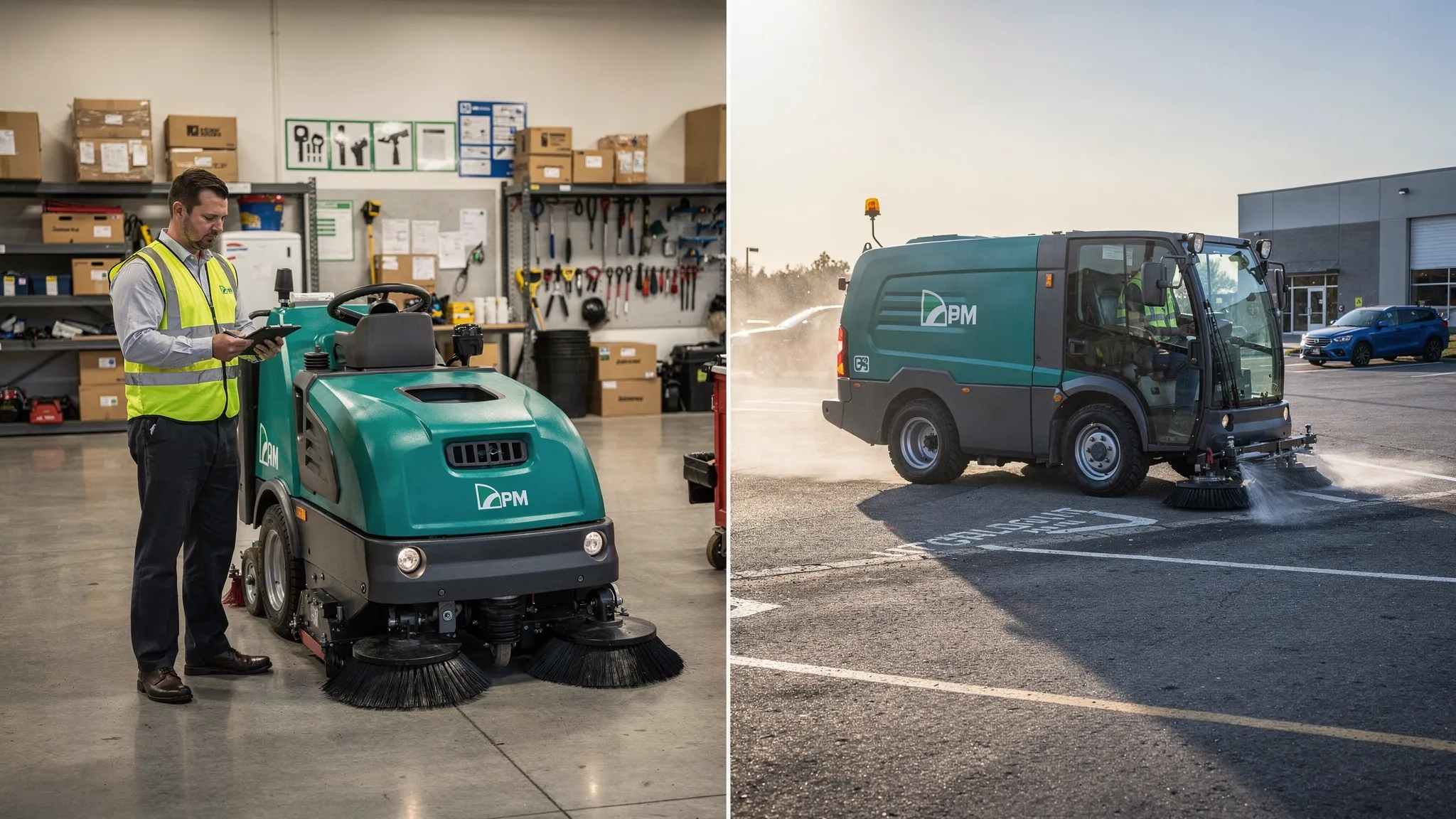 A split-scene comparison: on one side a facility manager reviewing maintenance notes beside a parked compact sweeper in a storage bay, on the other side a professional street sweeper cleaning a commercial parking lot curb line at dawn with visible dust control mist.
