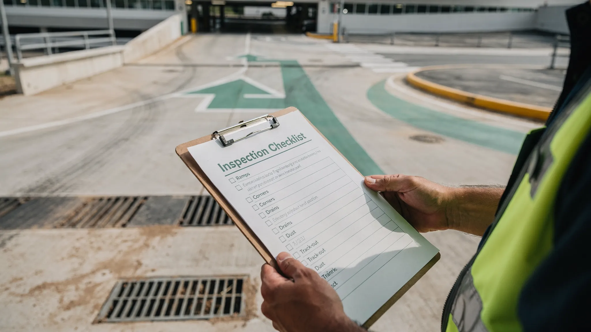 A simple inspection checklist scene in a parking garage with a clipboard in the foreground and a visible entrance lane behind it, highlighting key check points like ramps, corners, and drains for tracking dust and track-out.
