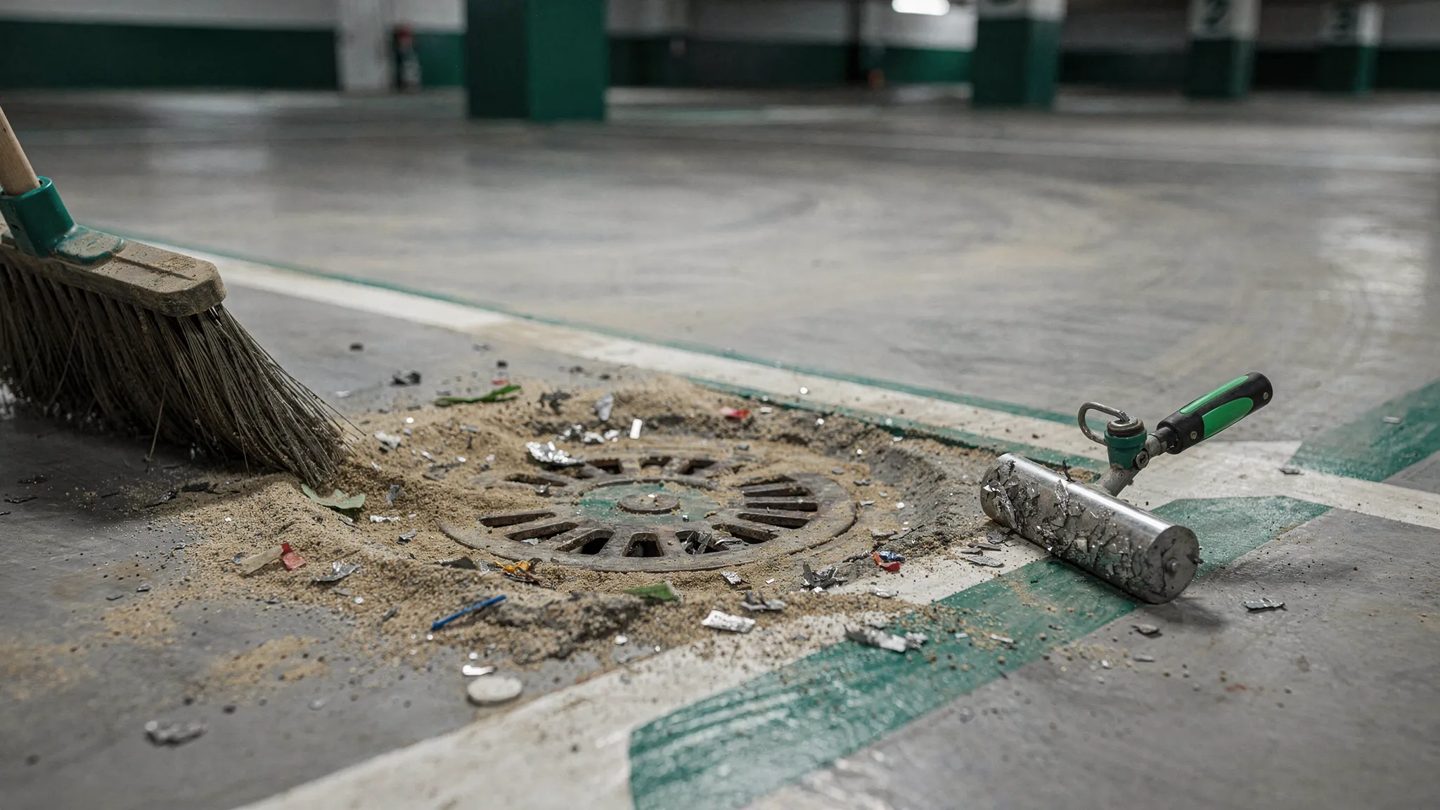 A close-up view of a parking garage corner where sediment and small litter have collected near a floor drain, with a worker’s broom and a small magnetic sweeper tool nearby, showing debris being removed from the drain approach to prevent clogging.