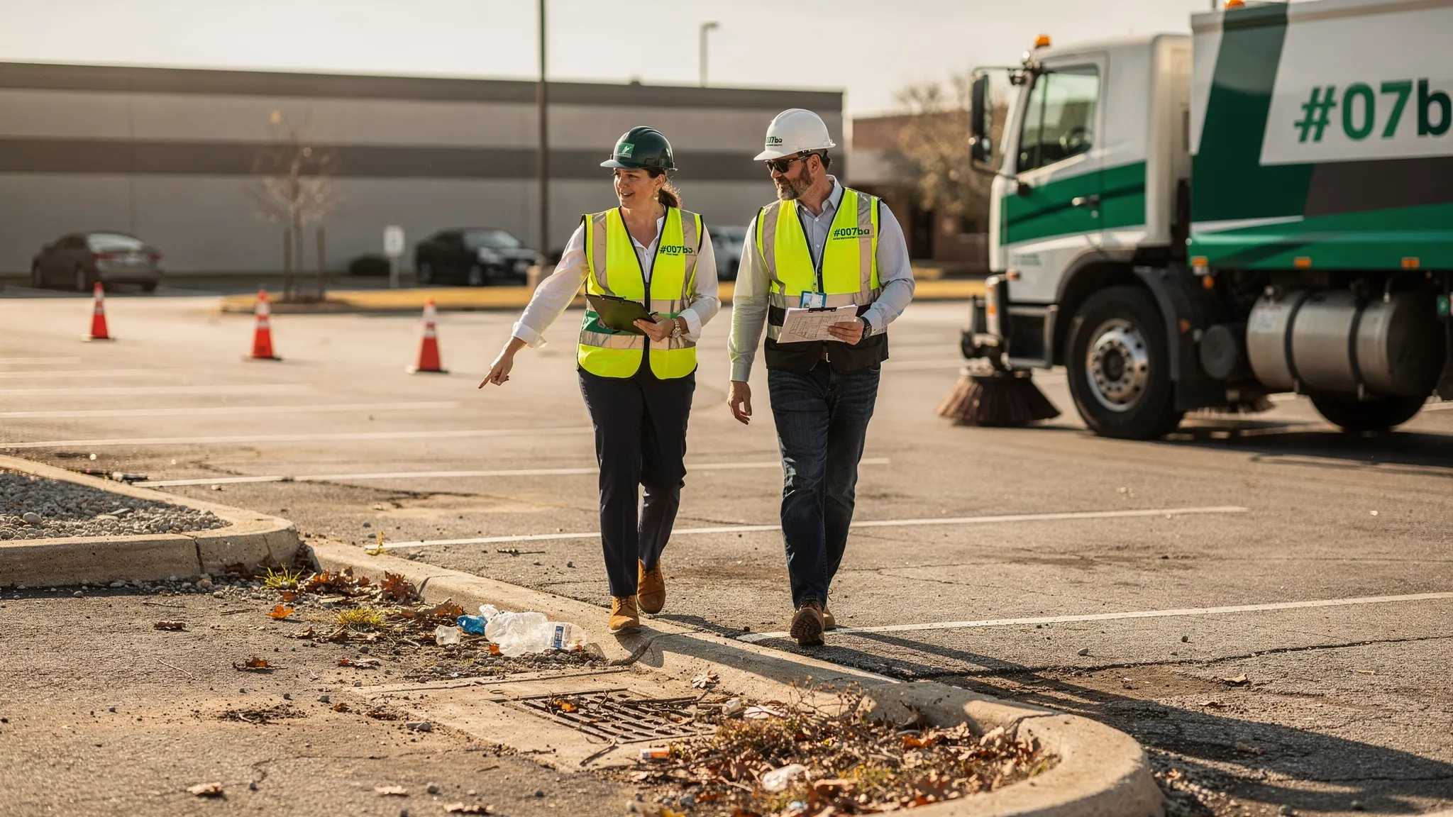 A property manager and a sweeping contractor walking a commercial parking lot and pointing to curb lines, storm drains, and debris hotspots, with a street sweeper parked nearby and safety cones visible in the background.