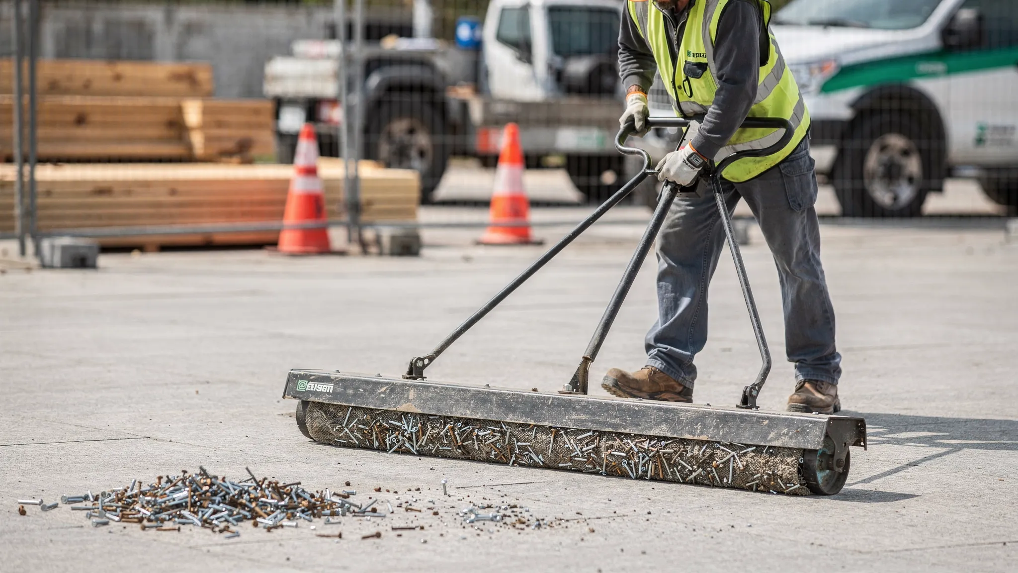 A contractor using a magnetic sweeper tool on a paved surface to collect nails and small metal debris near a construction staging area, with a small pile of collected nails visible.