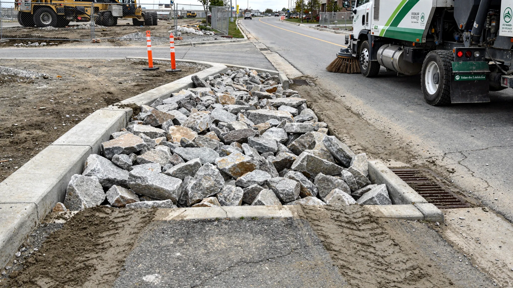 A construction site entrance with a stabilized stone construction exit, visible tire track-out area, a curb line and storm drain inlet nearby, and a street sweeper cleaning along the gutter to prevent sediment from entering the inlet.