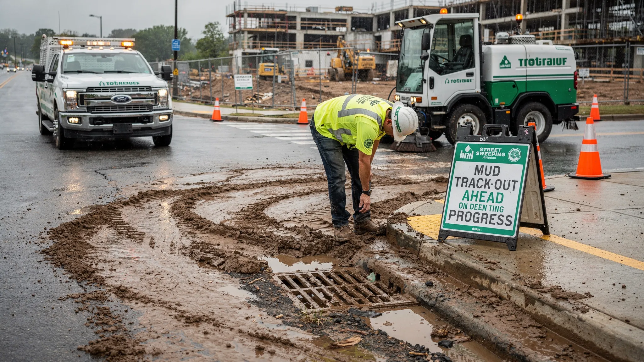 A construction site entrance after heavy rain in Nashville, with visible mud track-out on the roadway. A street sweeper and a pickup truck are staged with cones and high-visibility signage while a worker inspects the curb line and storm drain inlet nearby.