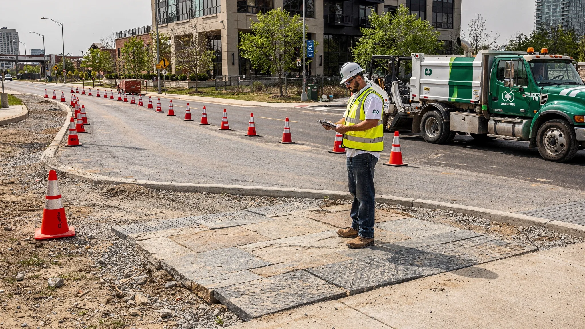 A construction site entrance with a stabilized stone pad, track-out control measures, cones guiding traffic, and a clean haul route leading to a paved street; a foreman is checking a clipboard while a skid steer and sweeper are staged safely off the travel lane.