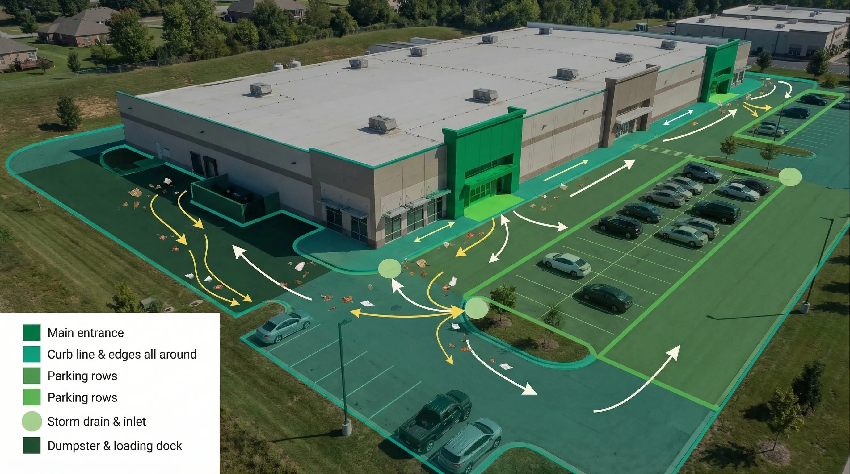An aerial-style view of a commercial property with the exterior divided into five simple color-coded zones: entrances, curb lines/edges, dumpster/loading area, parking rows, and storm drain/inlet locations. Arrows indicate debris and water flow paths toward low points and curb edges.