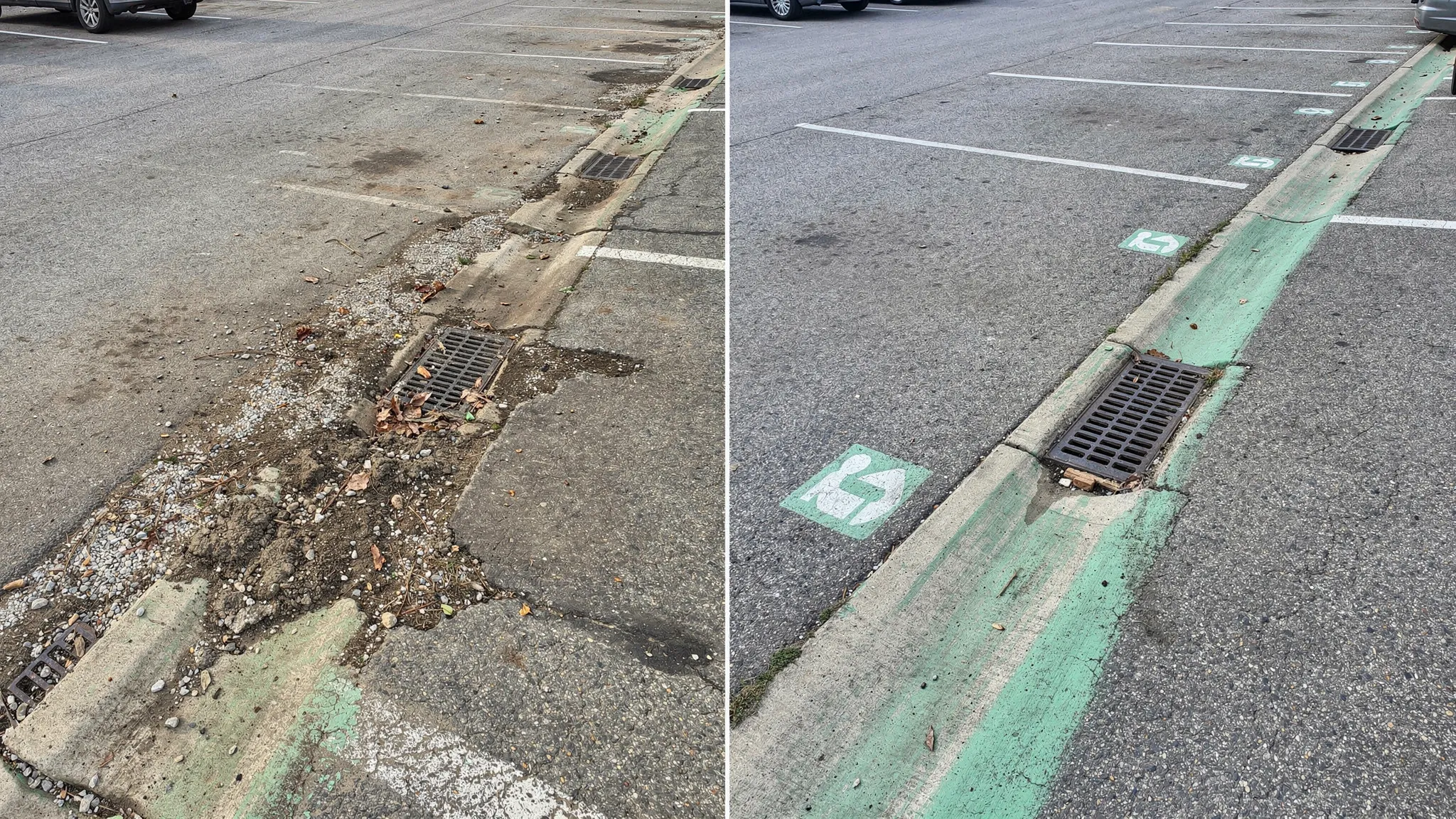 A split-scene comparison of a parking lot curb line and storm drain before and after maintenance: the “before” side shows sediment and leaves packed along the curb and partially covering the inlet grate; the “after” side shows a clean curb edge, visible pavement markings, and a clear inlet opening.