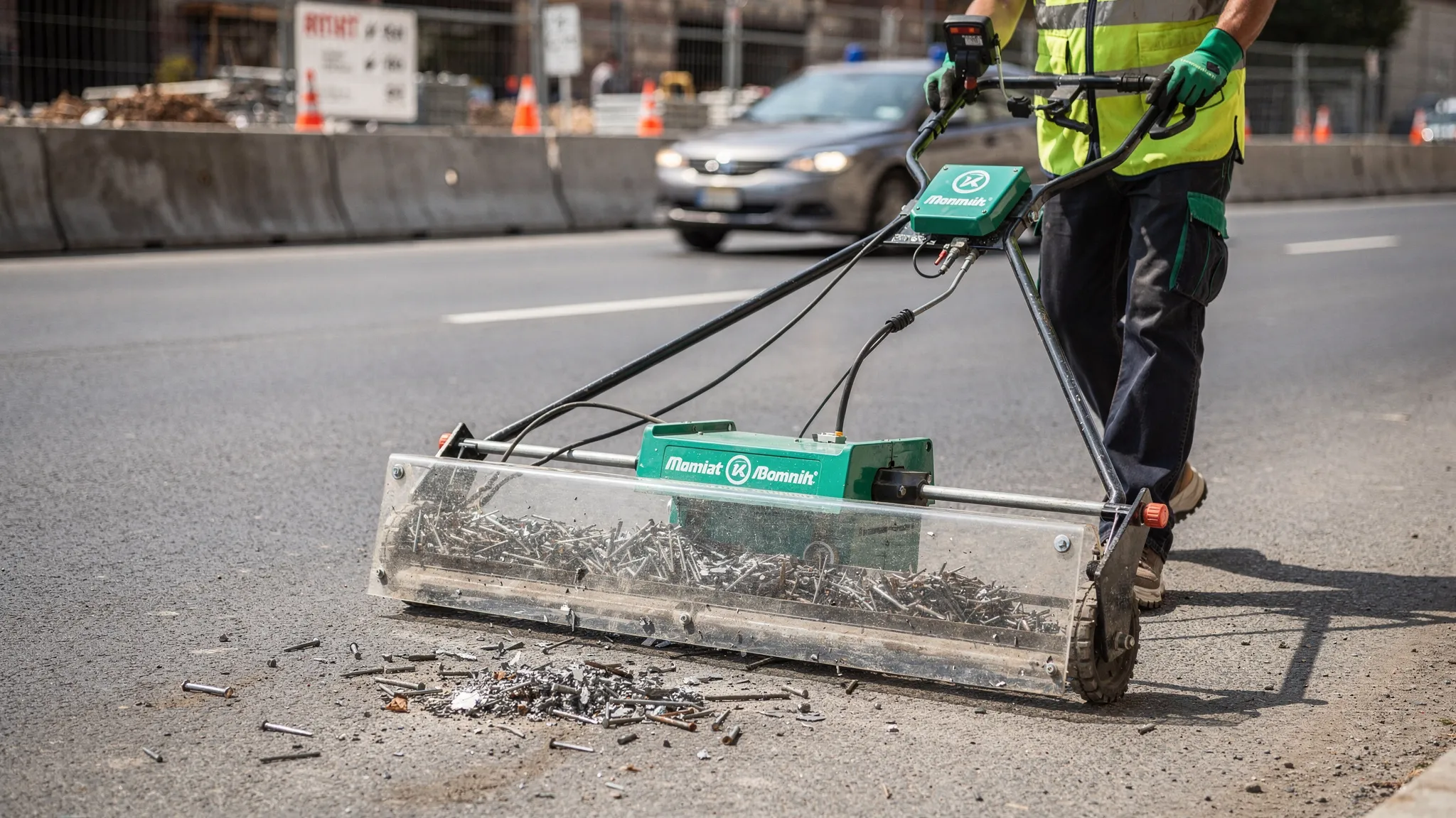 A street sweeper performing magnet sweeping on a construction-adjacent access road, collecting nails and metal shards in a clear collection tray while the travel lane remains open and safe.
