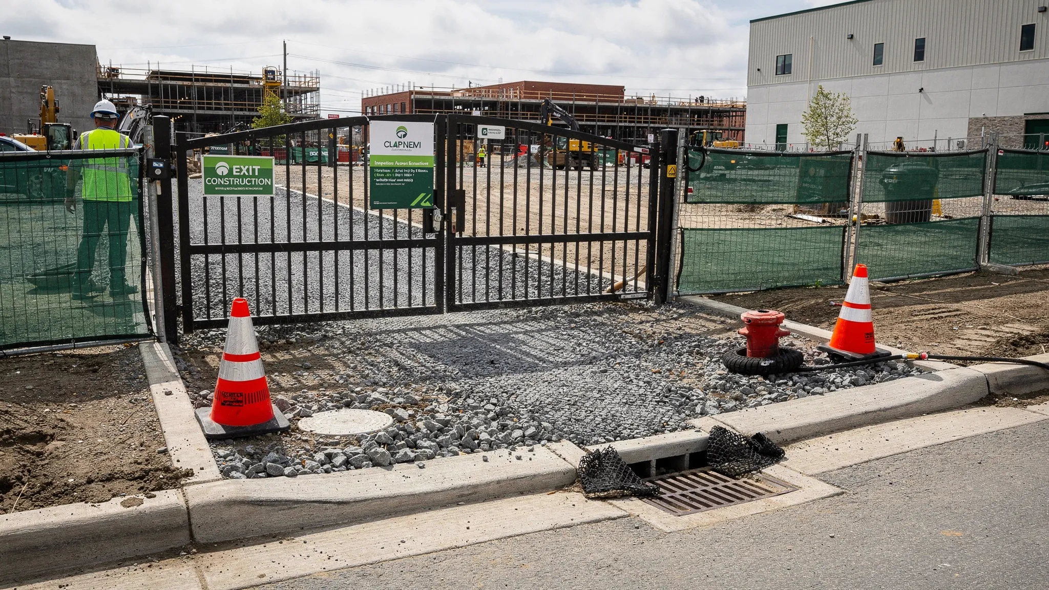 A construction site entrance and curb line before a city inspection, showing a clean stabilized exit, swept pavement at the gate, clear curb-and-gutter, and protected storm drain inlet nearby.