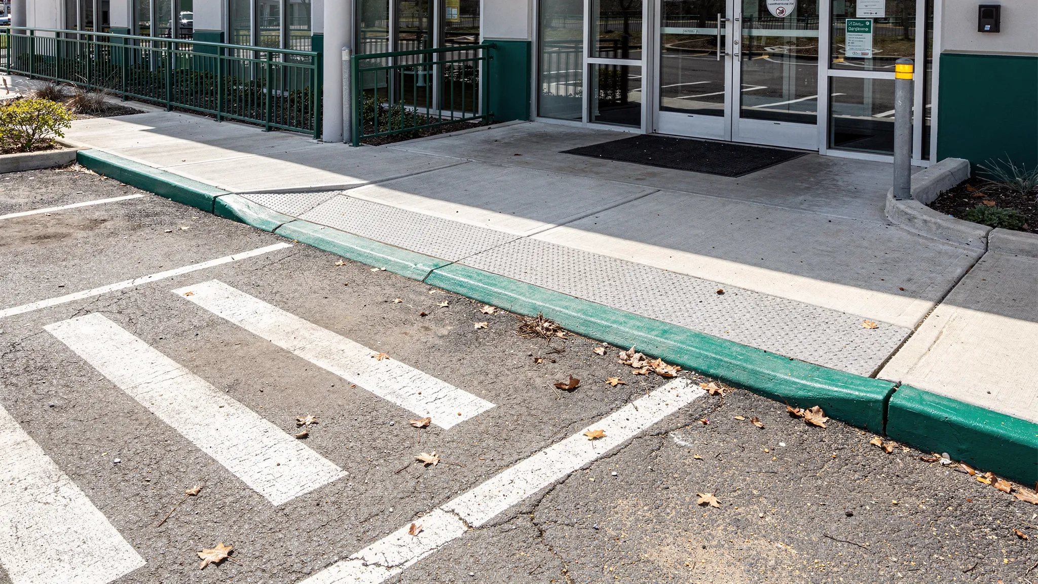 A commercial property entrance with a sidewalk, curb ramp, and crosswalk leading from a parking lot to glass doors. The scene highlights high-traffic surfaces like curb lines, pedestrian paths, and the entry mat area, with visible leaves and grit near the curb to illustrate where debris collects.