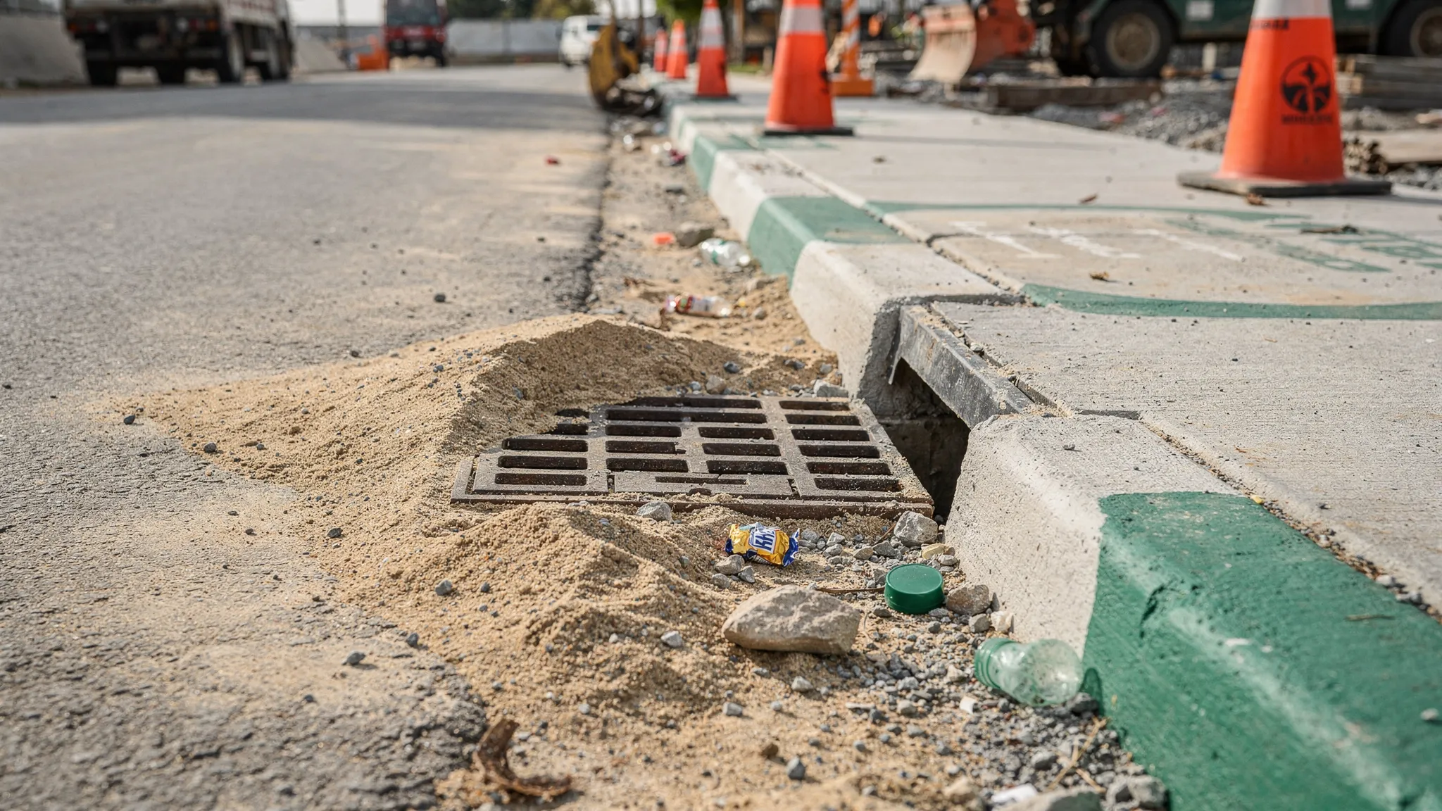 A construction site curb line with a storm drain inlet; visible sediment fan upstream, small trash, and gravel collected in the gutter pan, illustrating a common missed cleaning zone.