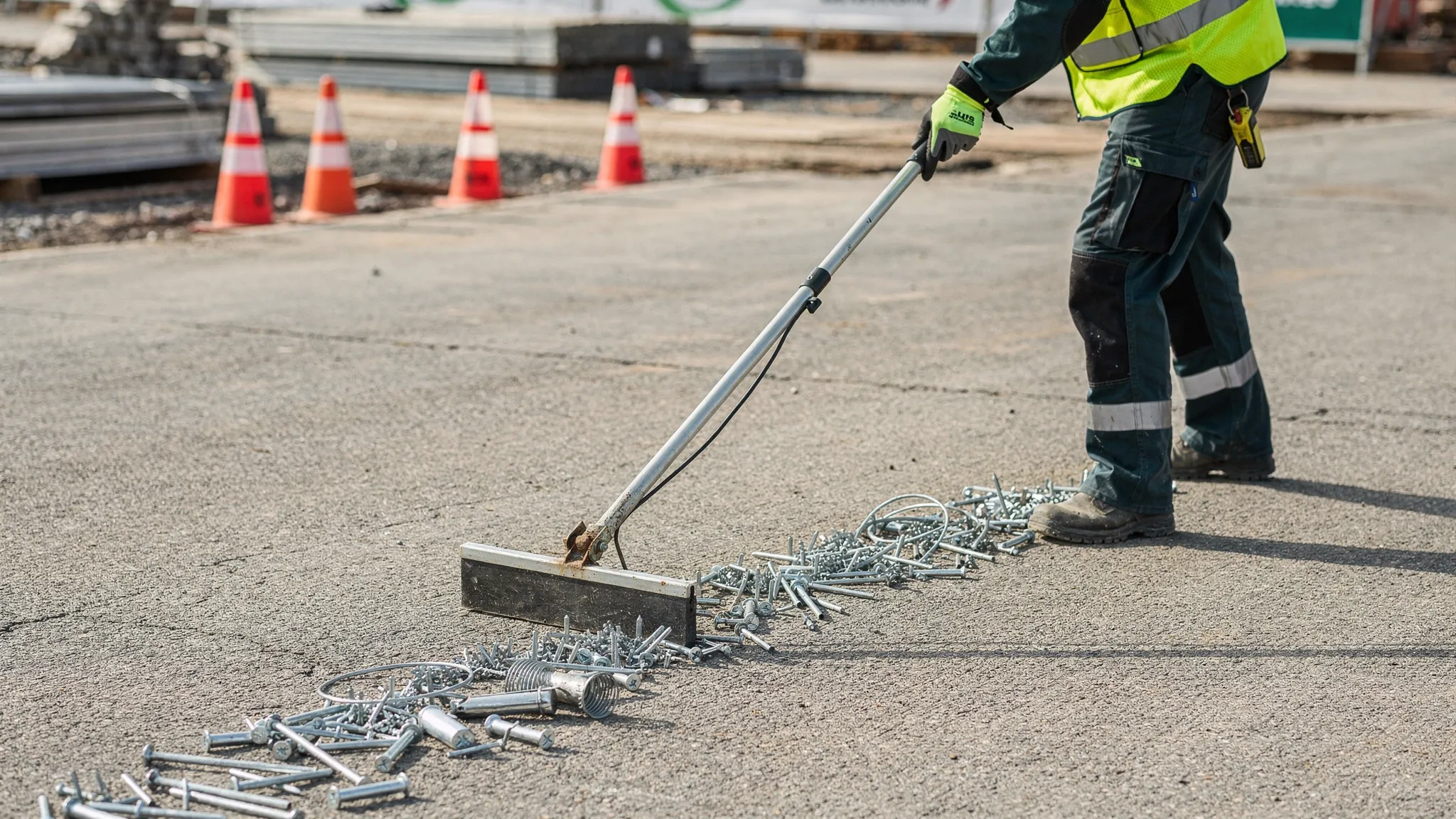 A sweeper operator using a magnetic sweeper wand over asphalt, collecting nails, tie wire, and small metal shards in a neat line to demonstrate post-construction metal debris removal.