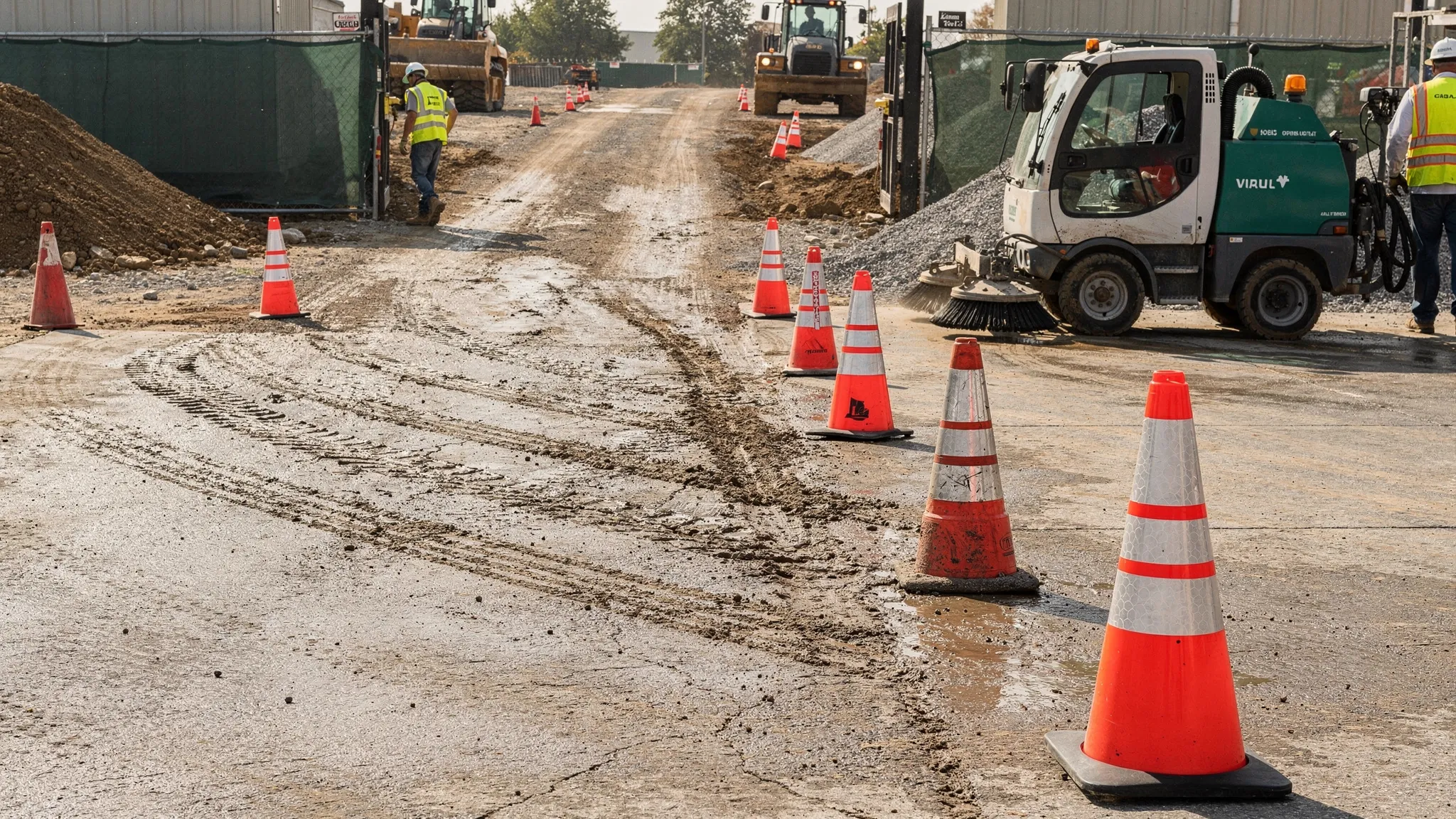 A construction site entrance with visible track-out on the roadway, traffic cones guiding vehicles, and a street sweeper cleaning the apron area near the gate; piles of mud and aggregate are staged for removal beside the haul route.