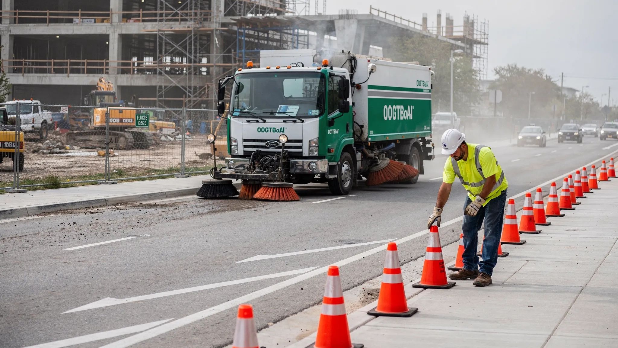 A street sweeping truck operating on a commercial drive lane near a construction entrance, with a worker placing safety cones along the curb to protect traffic flow.