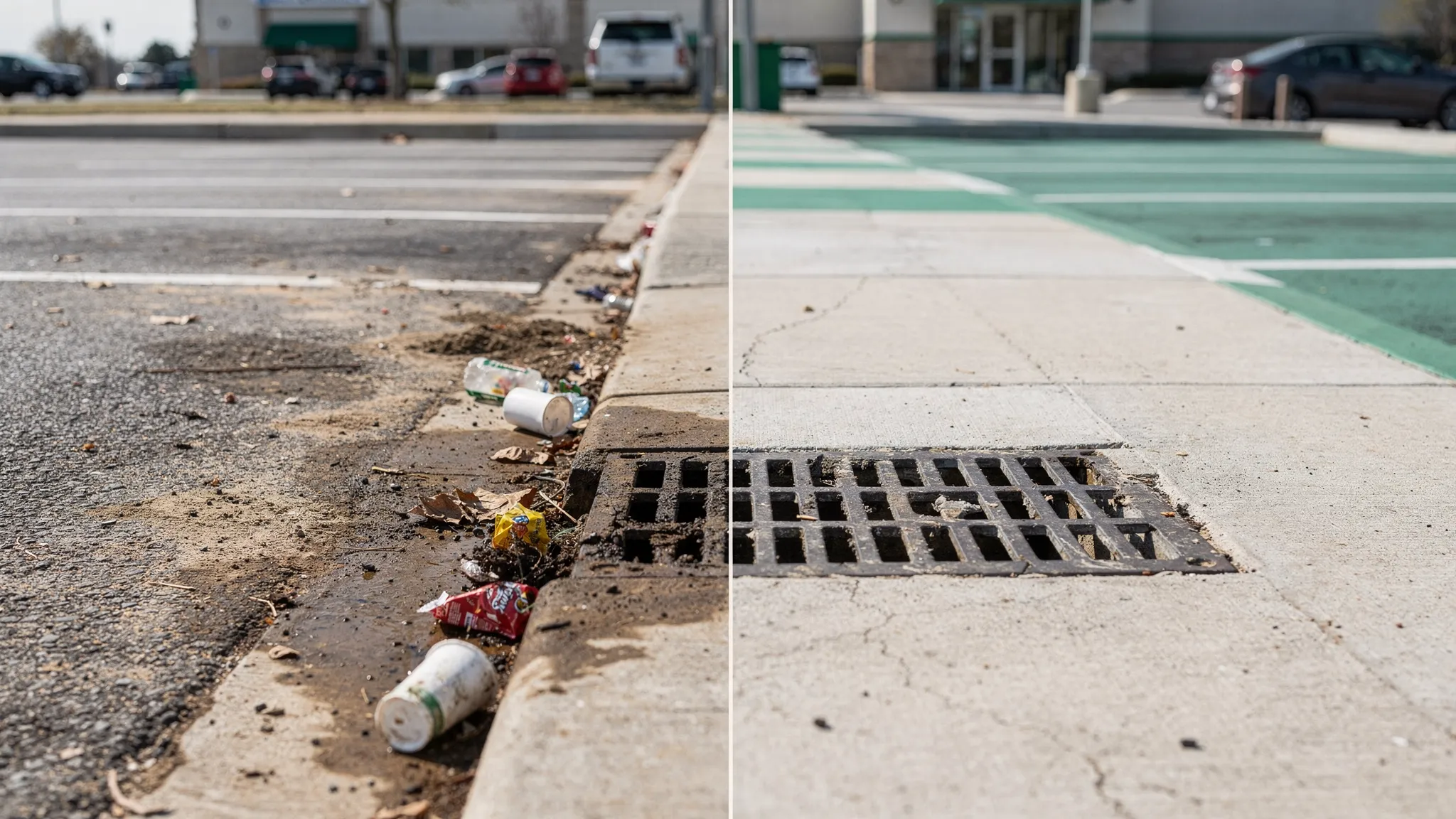 Side-by-side view of a commercial parking lot curb line, one side packed with sediment and litter near a storm drain, the other side clean after curb-line detailing and sweeping.