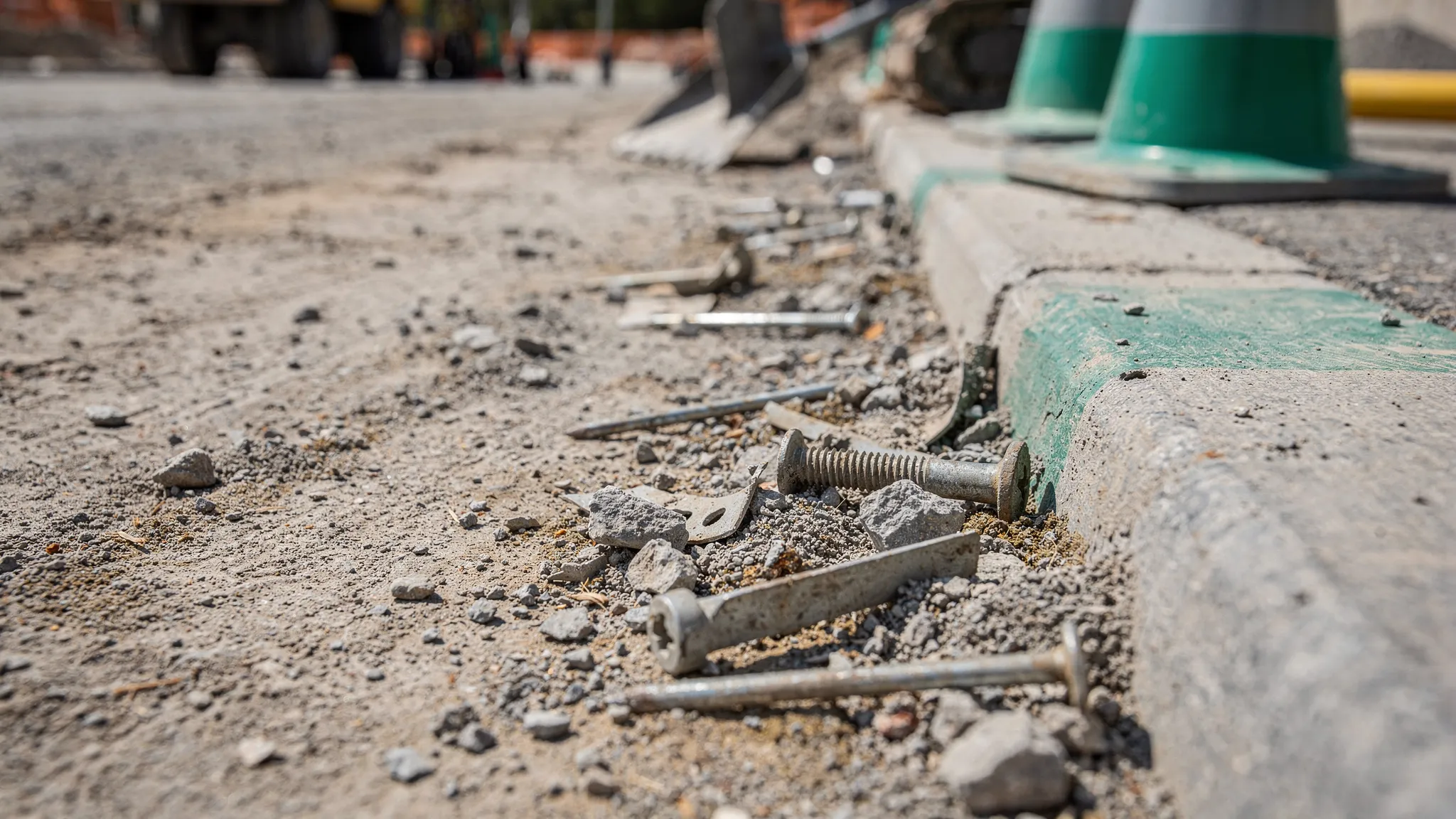 A close-up of curb line debris on a construction site with small aggregate, sediment, and visible metal fasteners, illustrating the difference between cosmetic sweeping and safety-focused sweeping.