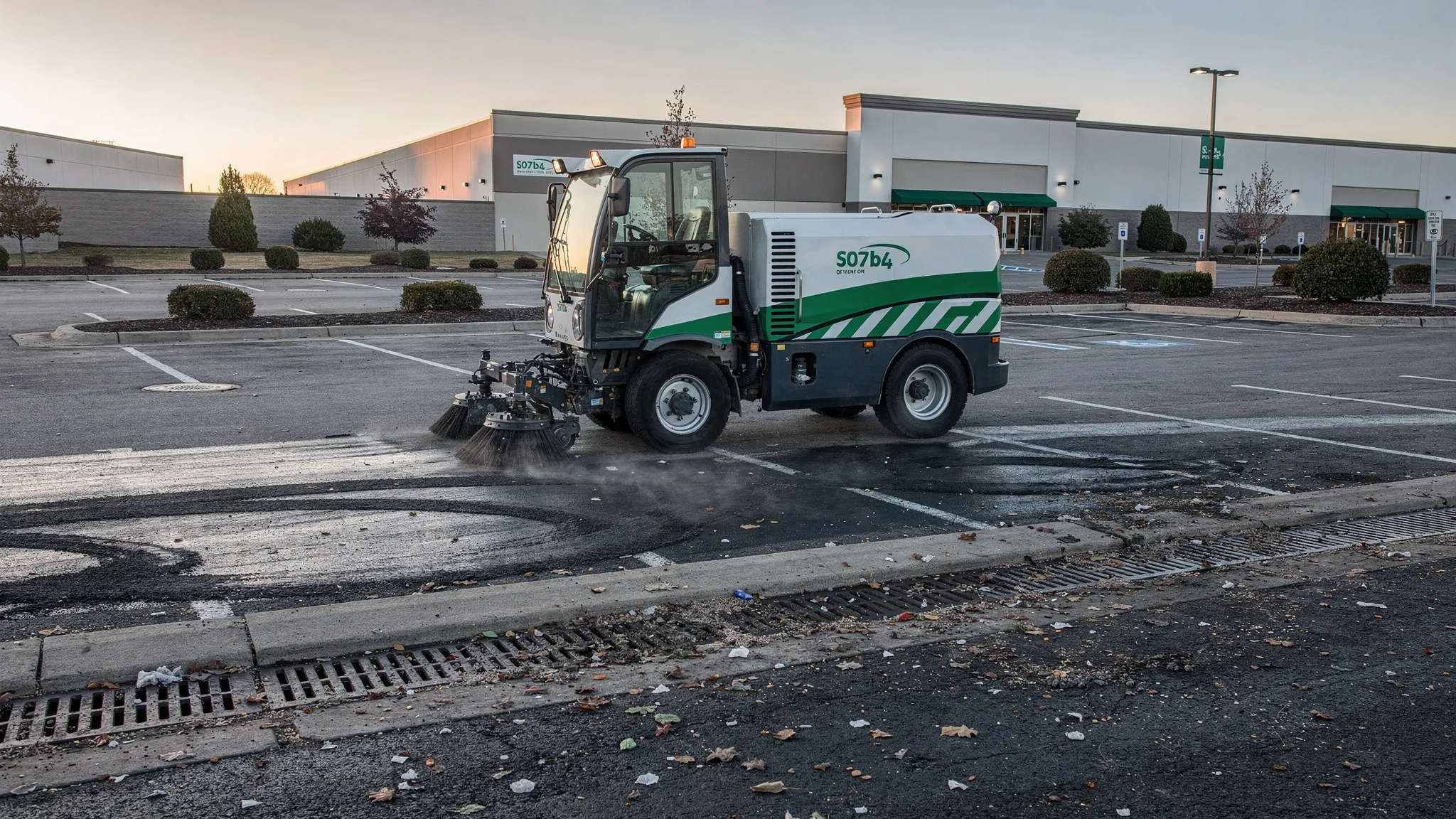 A modern street sweeper cleaning a commercial parking lot at dawn, with visible curb lines and light debris near storm drains, emphasizing professional exterior maintenance.