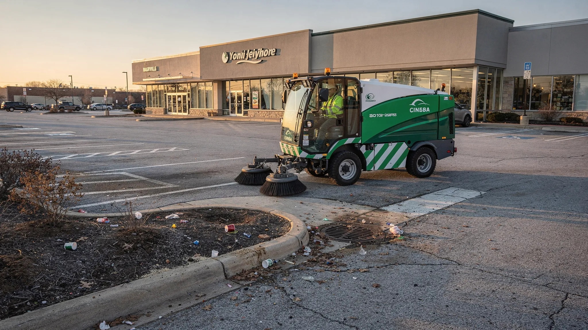 A commercial street sweeper cleaning a large Nashville-area parking lot at dawn, with visible curb lines, a storm drain inlet near a low spot, and a retail storefront in the background. The scene shows typical debris like leaves and light litter being collected, with clear “before and after” contrast along the curb.