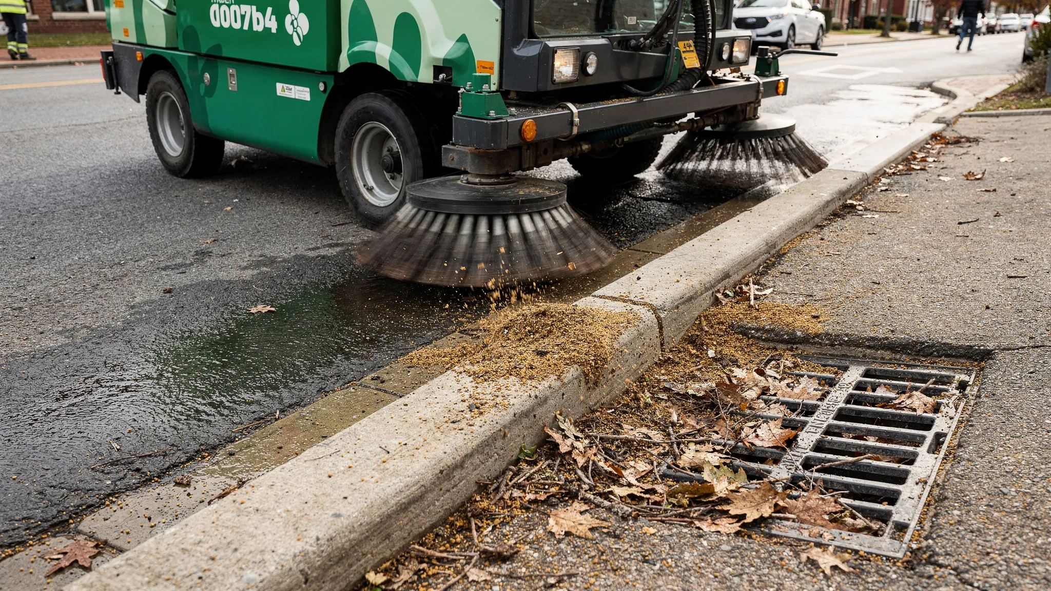 Ground-level view of a street sweeper cleaning along a curb line near a storm drain inlet, with visible leaves and grit being collected and a clean edge behind the sweeper.