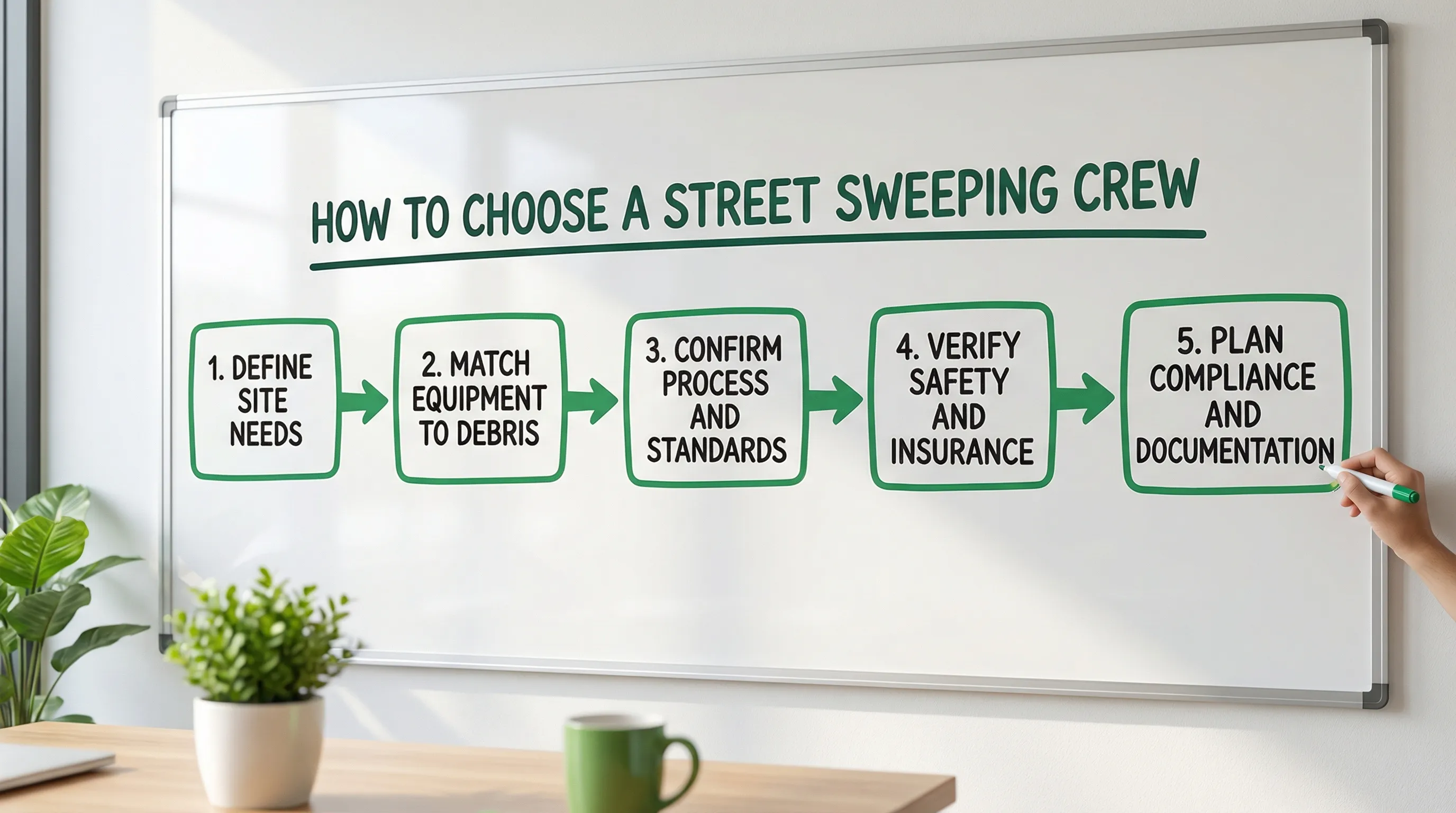 A simple five-step flow diagram showing how to choose a street sweeping crew: define site needs, match equipment to debris, confirm process and standards, verify safety and insurance, and plan compliance and documentation.