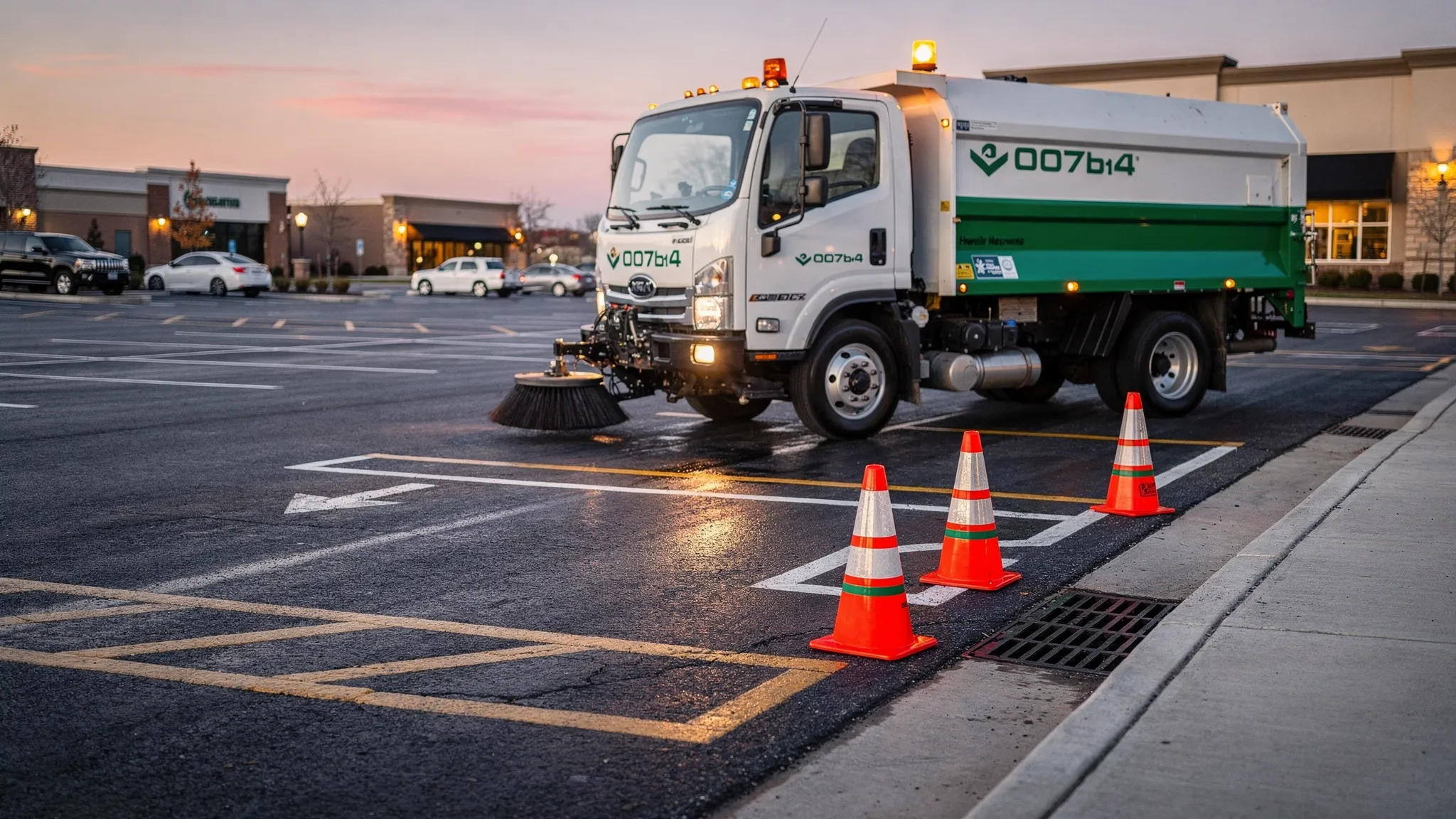 A professional street sweeping truck cleaning a commercial parking lot at dawn in Nashville, with visible curb lines, storm drain inlet nearby, and a spotter cone setup showing safe traffic control.