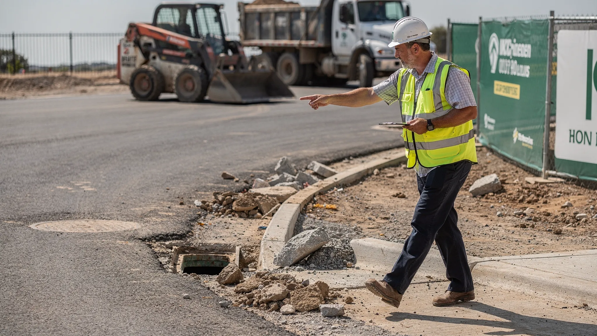 A construction site superintendent in a high-visibility vest walks a paved haul route near a stabilized entrance, pointing out debris near curb lines and a storm drain inlet while a skid steer and dump truck stage in the background.
