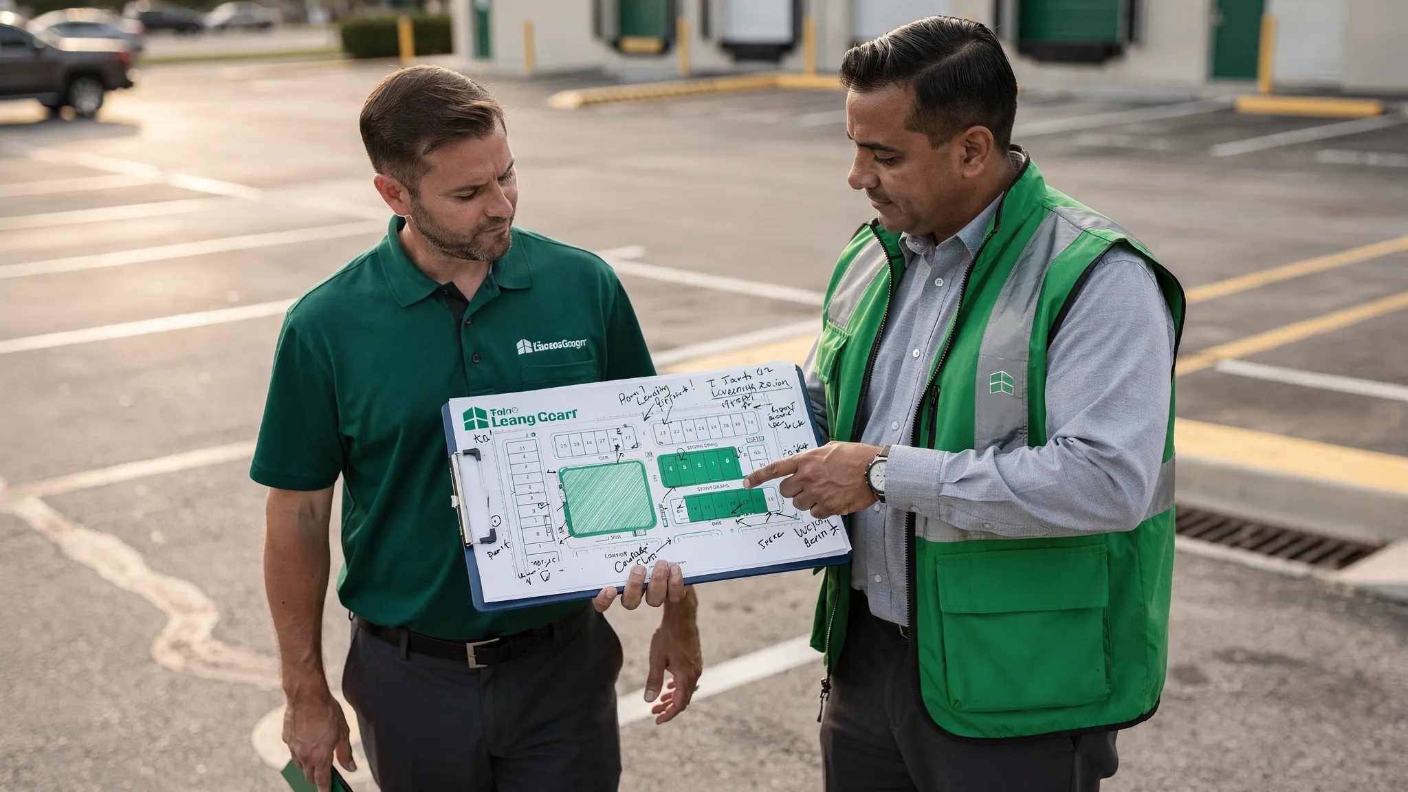 A commercial property manager and a sweeping contractor walk a parking lot with curb lines, storm drains, and a loading dock visible. The contractor points to a site map clipboard showing highlighted cleaning zones and notes, illustrating a pre-service walkthrough and scope planning.