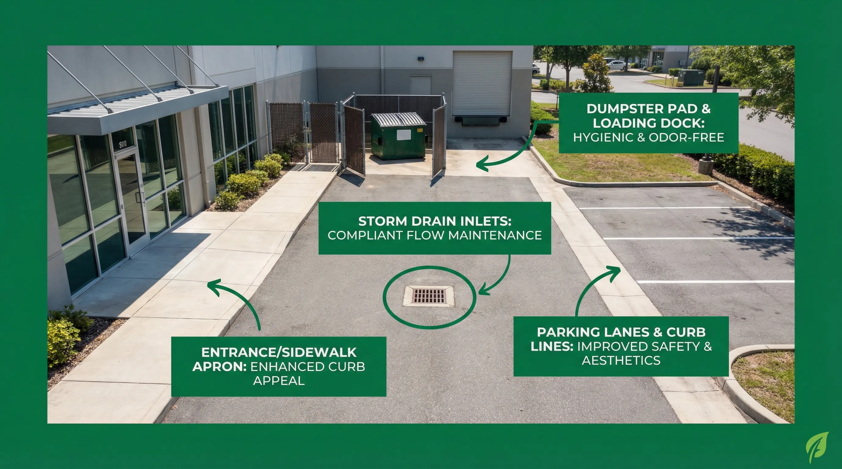 A simple diagram showing four labeled zones of an exterior commercial site: entrance/sidewalk apron, parking lanes and curb lines, dumpster pad and loading dock, and storm drain inlets. Each zone has a short label indicating the primary cleaning goal, emphasizing outcome-based scoping.