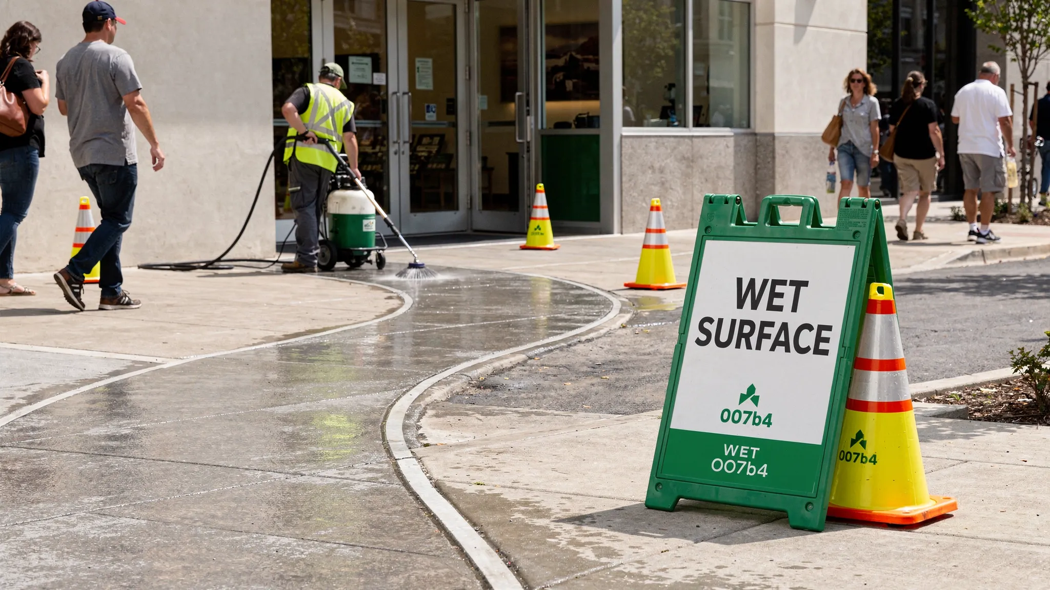 A sidewalk cleaning work zone with safety cones and a temporary “wet surface” sign, showing a clear pedestrian detour path around the cleaned entrance area.