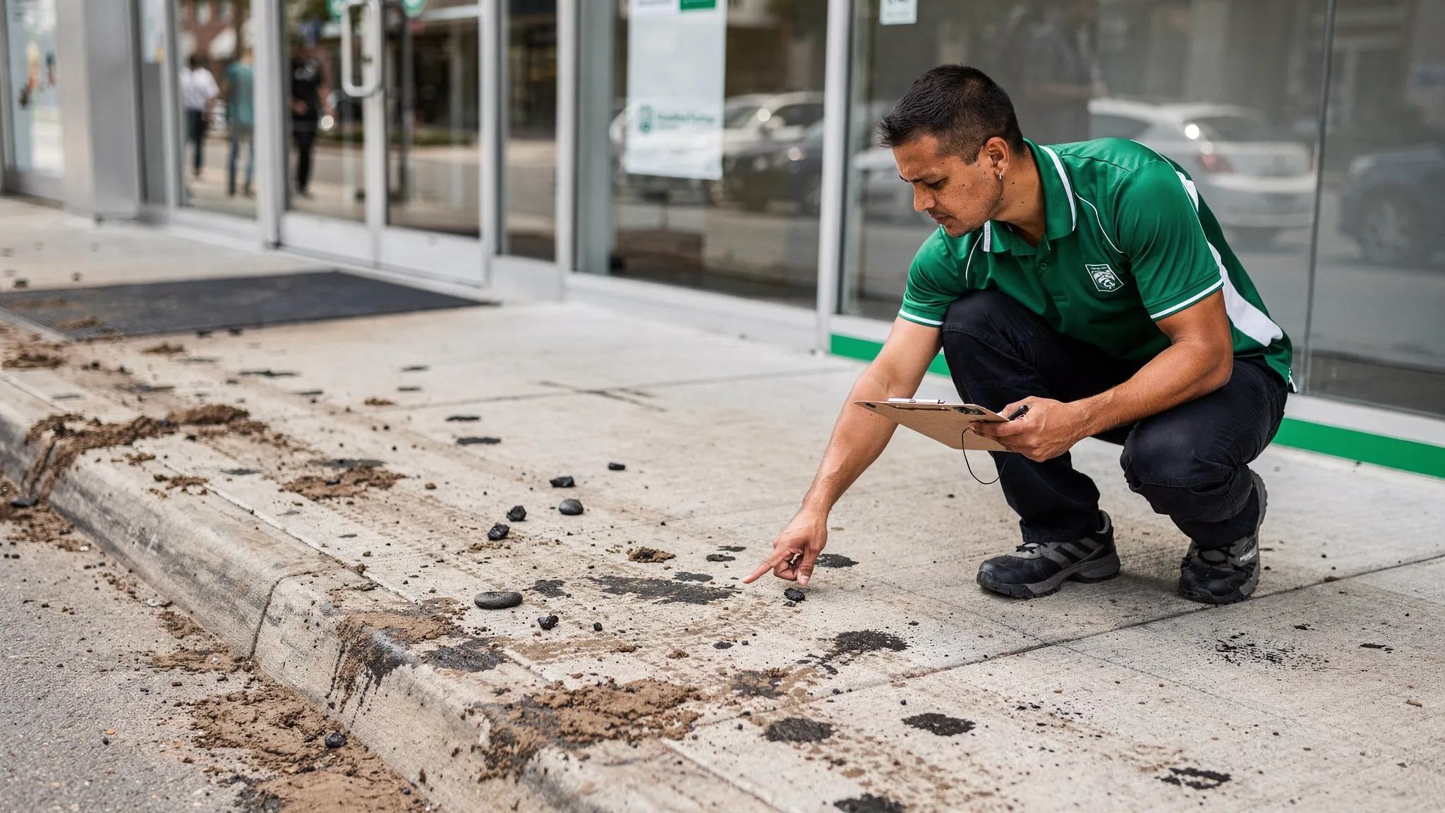 A commercial sidewalk at a storefront entrance with visible black gum spots and muddy track-out near the curb ramp; a staff member is pointing at problem areas to document them before cleaning.