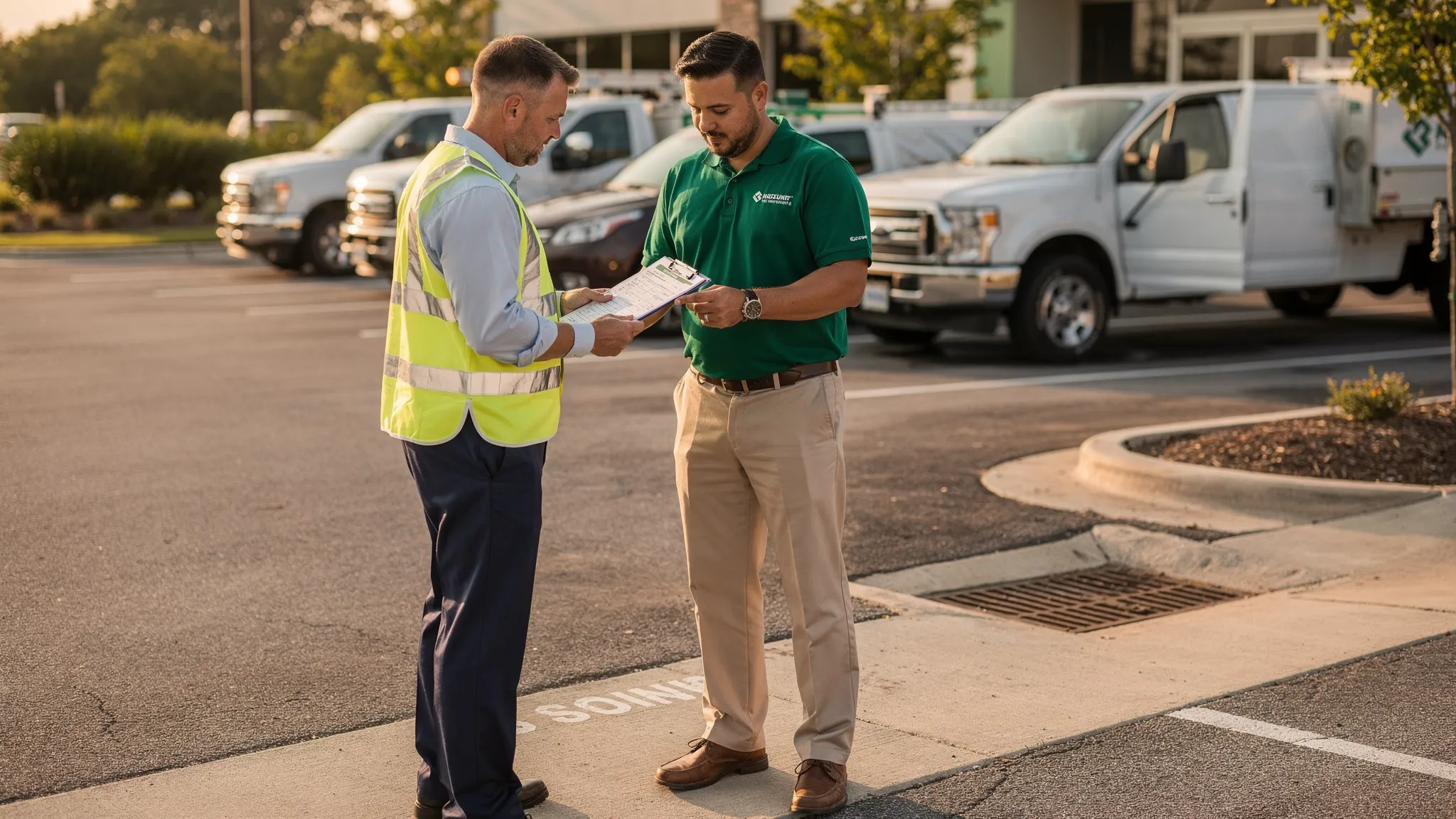 A Nashville commercial property manager meeting a cleaning contractor in a parking lot, reviewing a clipboard checklist beside curb lines and a storm drain inlet. Service vehicles are parked safely in the background.