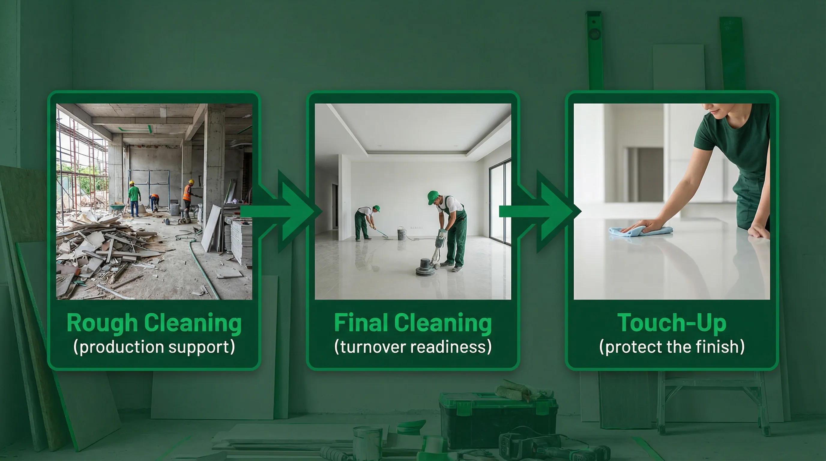 A simple three-step diagram showing building works cleaning phases: Rough Cleaning (production support), Final Cleaning (turnover readiness), Touch-Up (protect the finish), with arrows moving left to right.