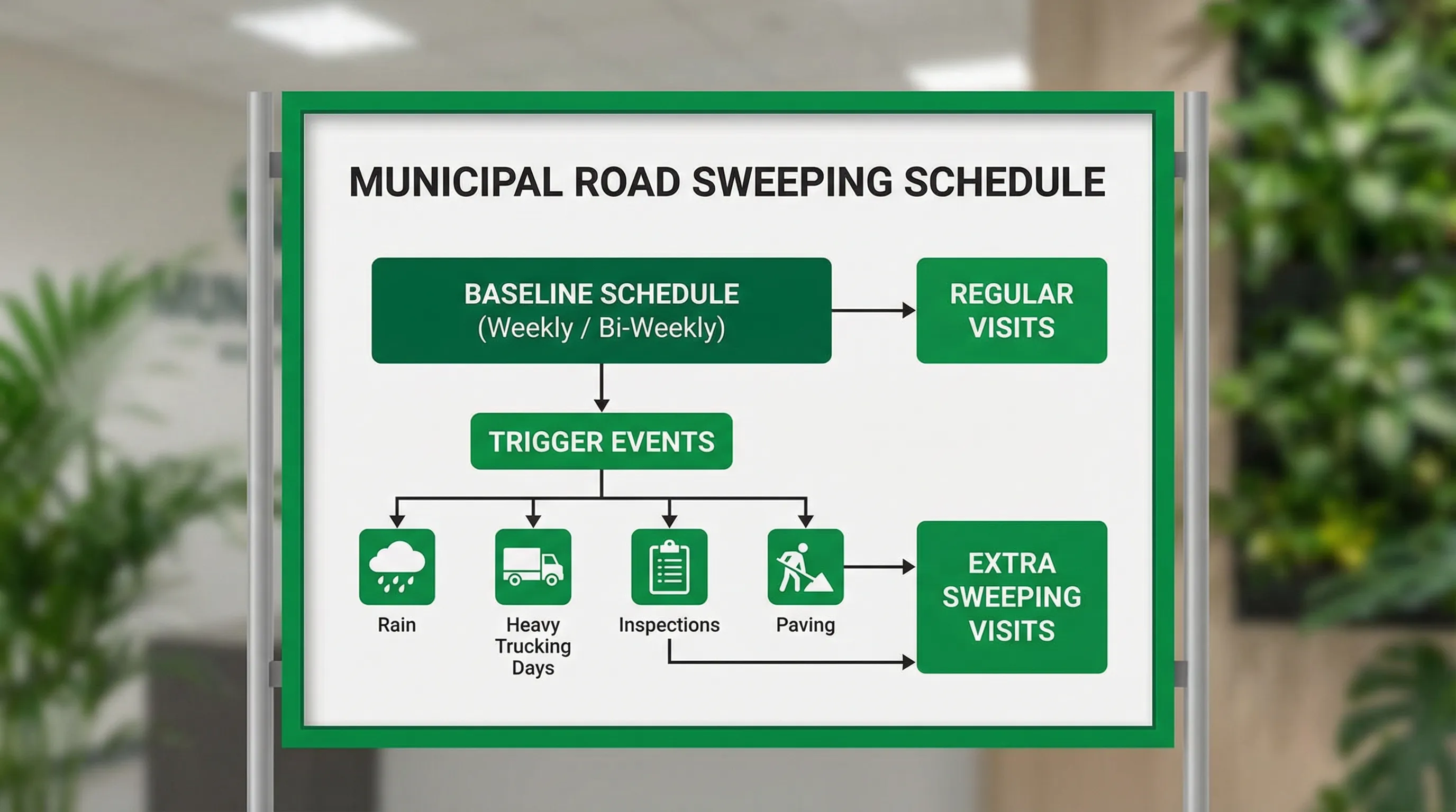 Simple diagram showing a baseline road sweeping schedule (weekly or biweekly) plus trigger events like rain, heavy trucking days, inspections, and paving, leading to extra sweeping visits.