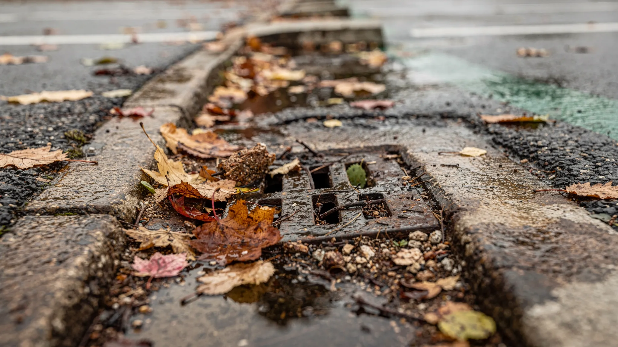 A close-up view of a parking lot curb line in autumn with wet leaves and small debris piled around a storm drain grate, showing partially blocked openings and water staining on the asphalt.